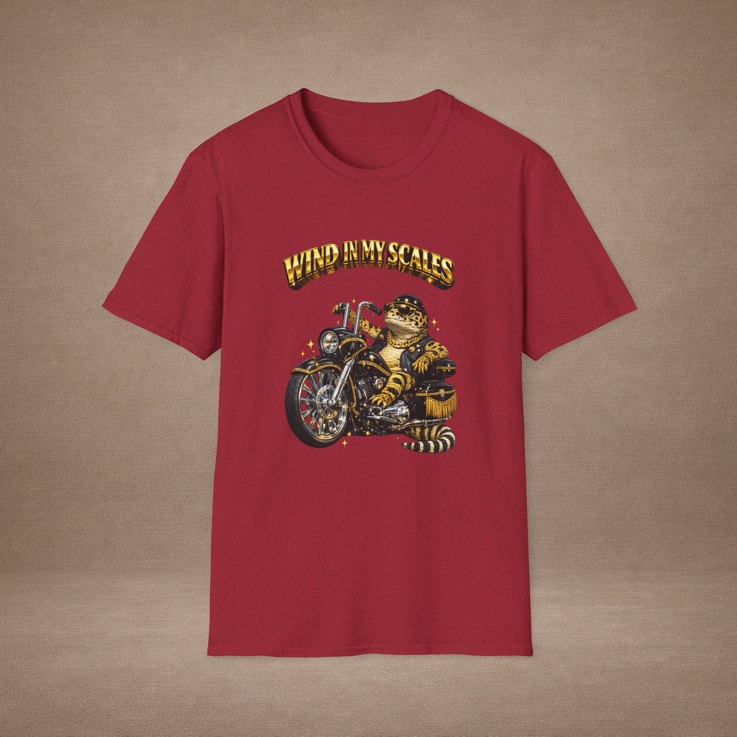 DESIGN #38 Wind in My Scales — Bagger Gecko Tee (Front & Back) Golden Letters