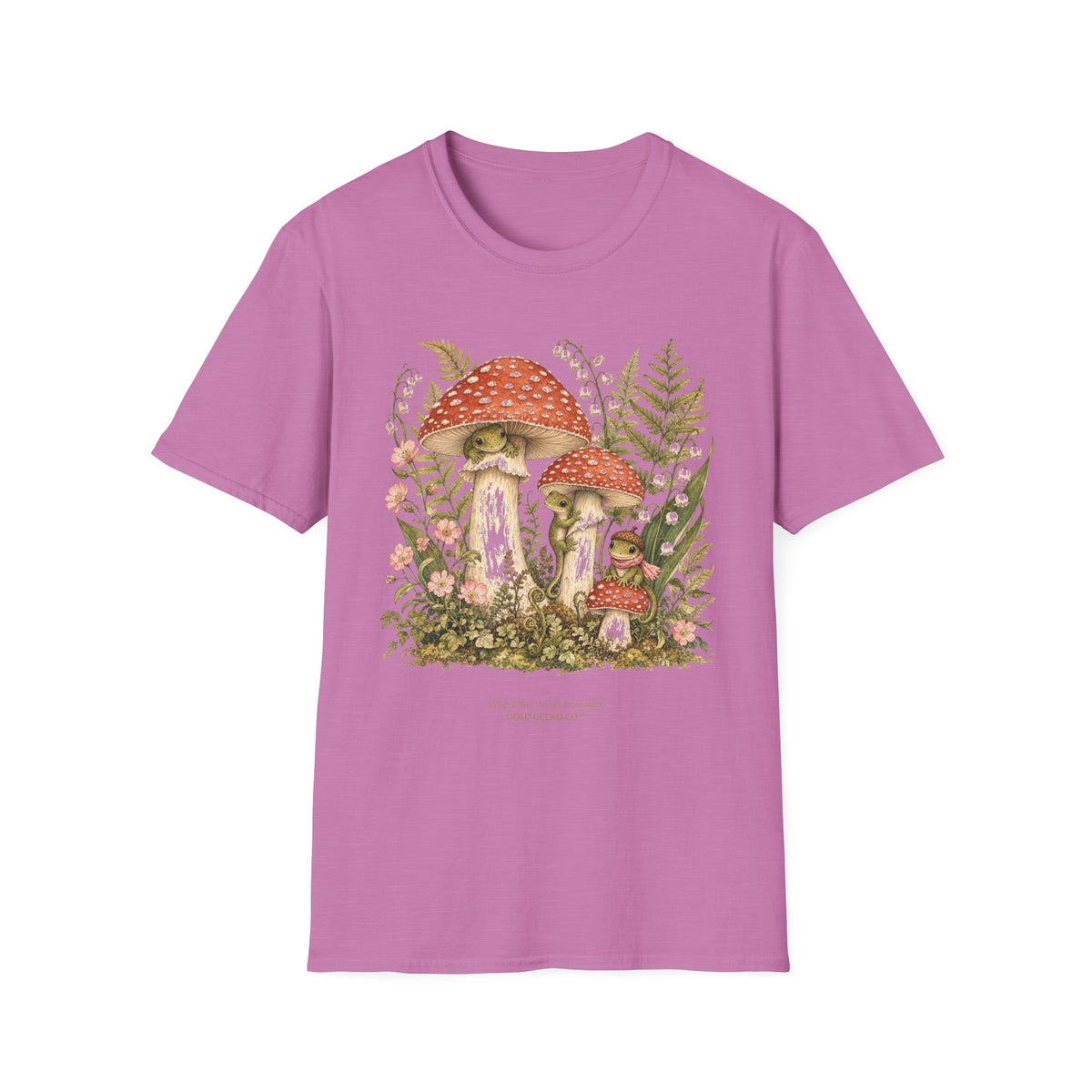 Mushroom Village cottagecore watercolor T-shirt from Gold Gecko Co. — gecko exploring a whimsical toadstool village in the woods.