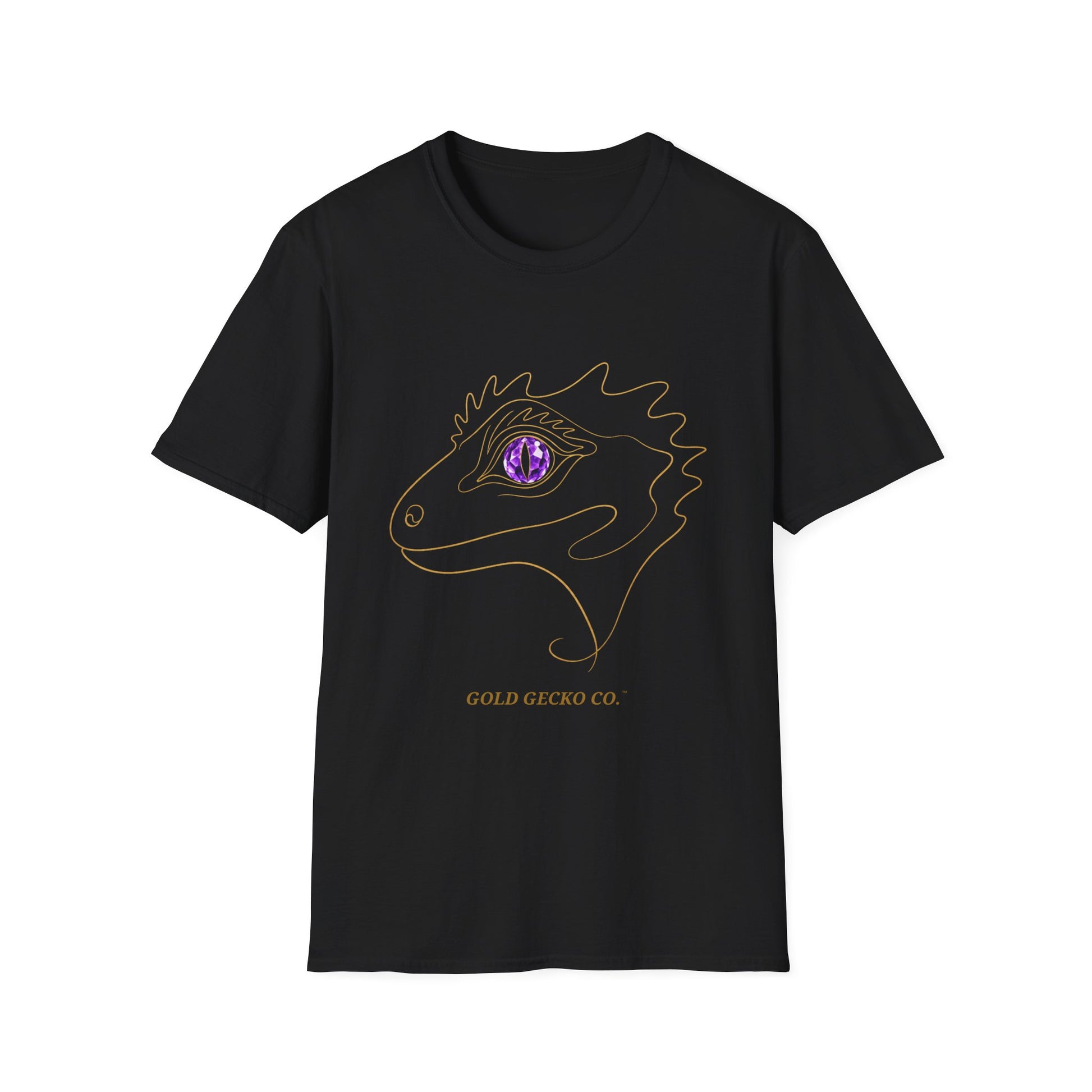 Amethyst Crested Gecko single-line art with amethyst purple gem eye — Gold Gecko Co. Line & Gold collection (Dark)