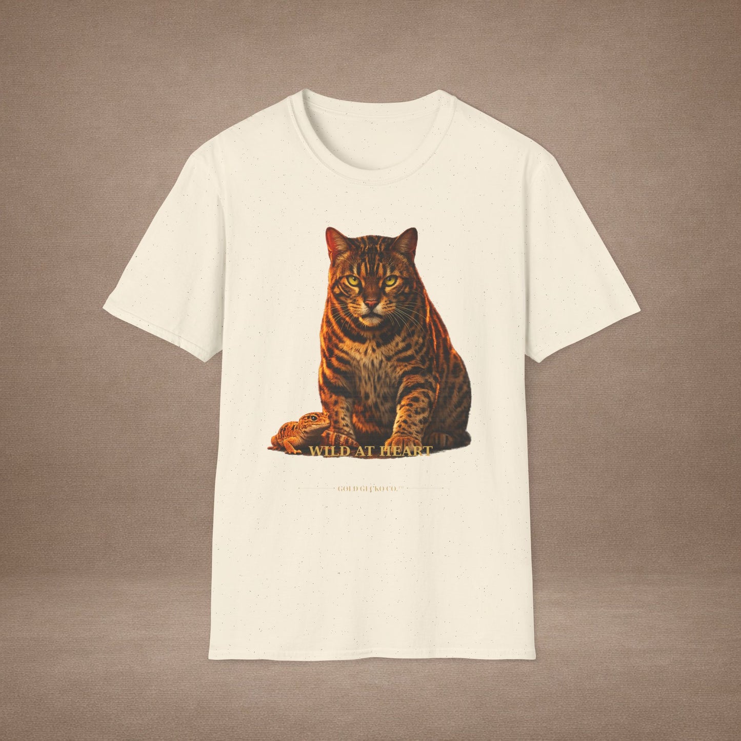 Bengal — Wild At Heart — photoreal cat breed portraits paired with tiny gecko compani. Gold Gecko Co. Cats & Geckos collection.