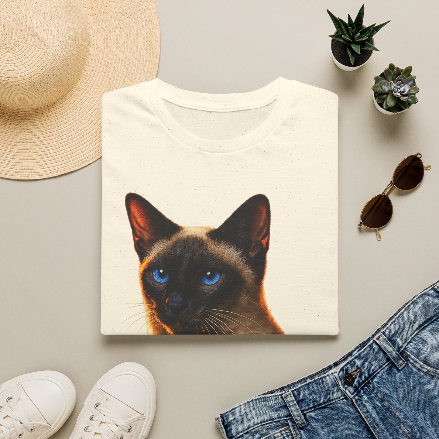 Siamese — Talk Of The Town — photoreal cat breed portraits paired with tiny gecko compani. Gold Gecko Co. Cats & Geckos collection.