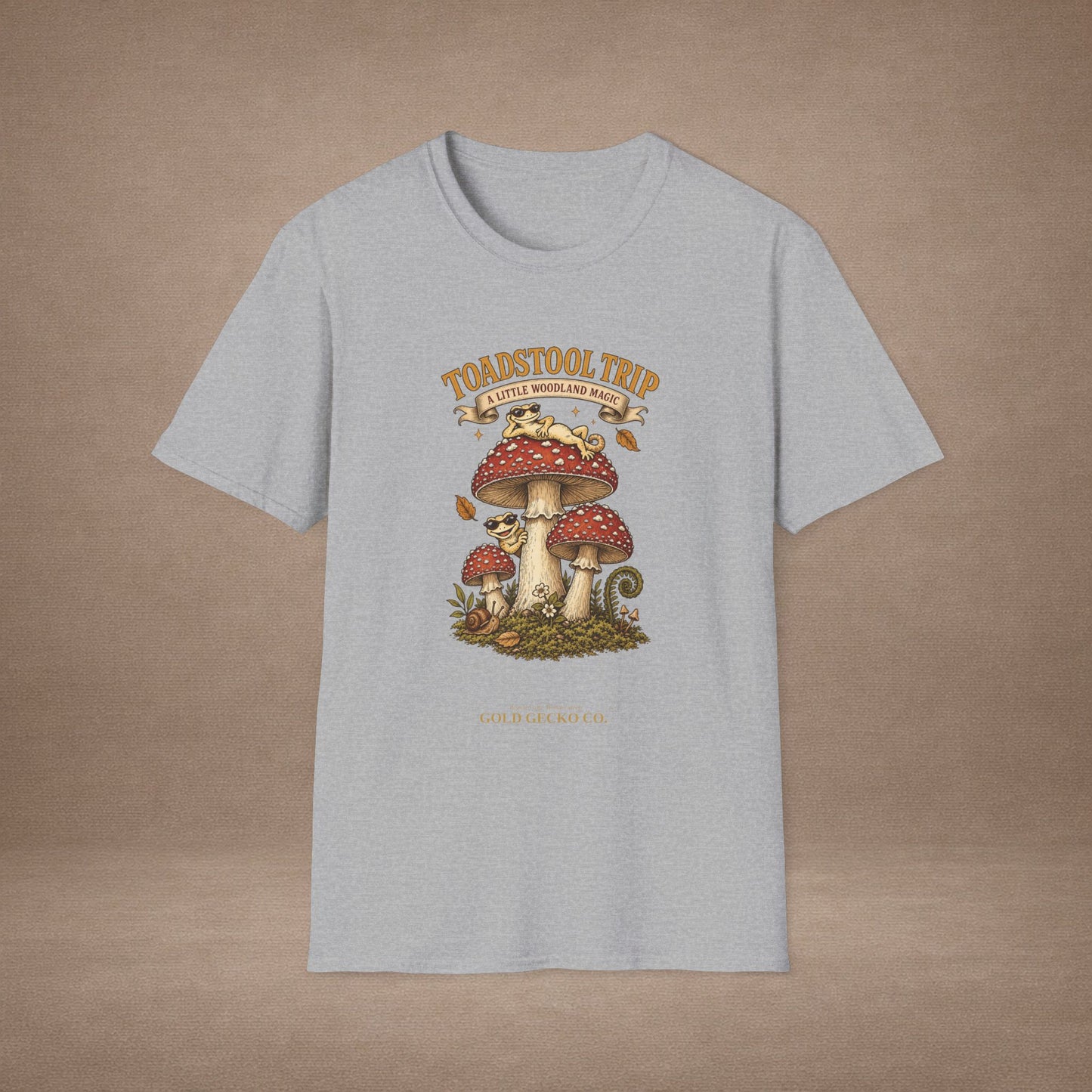 Toadstool Trip cottagecore mushroom & gecko t-shirt — Gold Gecko Co.