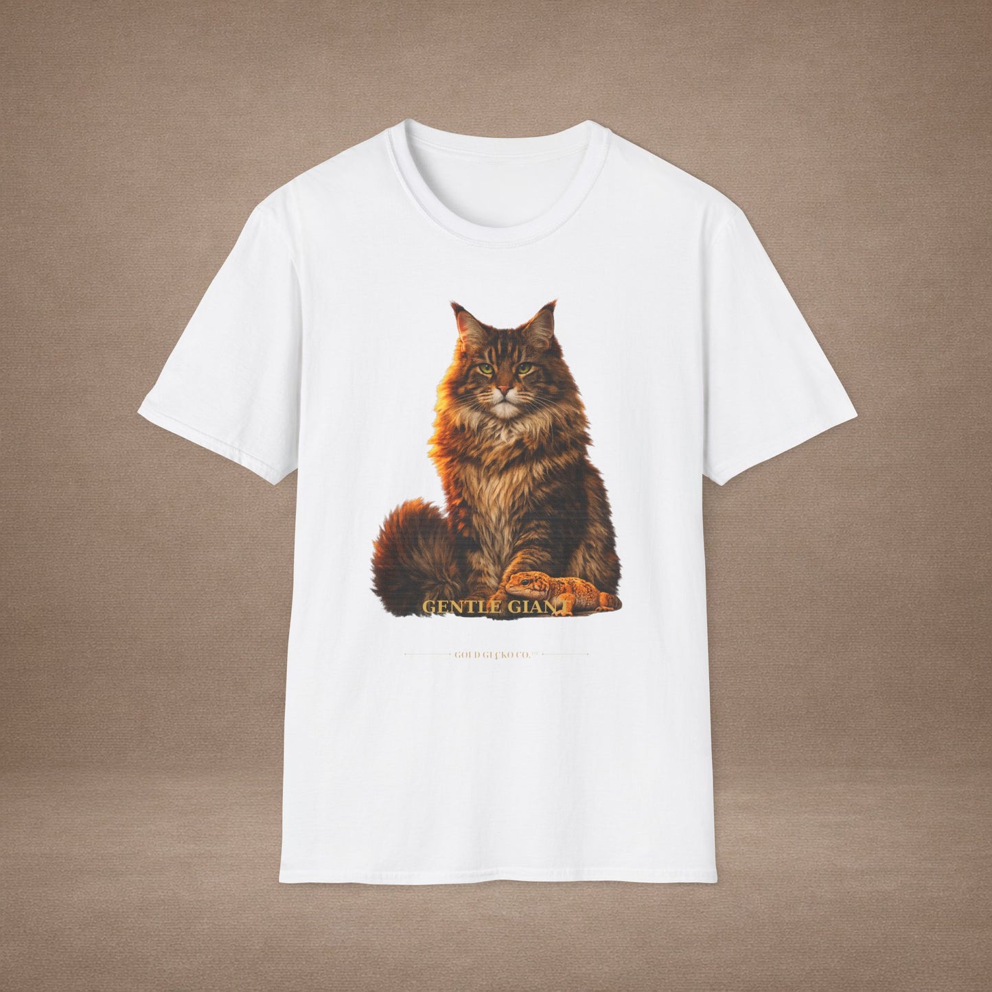 Maine Coon — Gentle Giant — photoreal cat breed portraits paired with tiny gecko compani. Gold Gecko Co. Cats & Geckos collection.