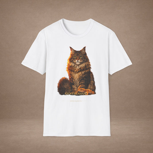 Maine Coon — Gentle Giant — photoreal cat breed portraits paired with tiny gecko compani. Gold Gecko Co. Cats & Geckos collection.
