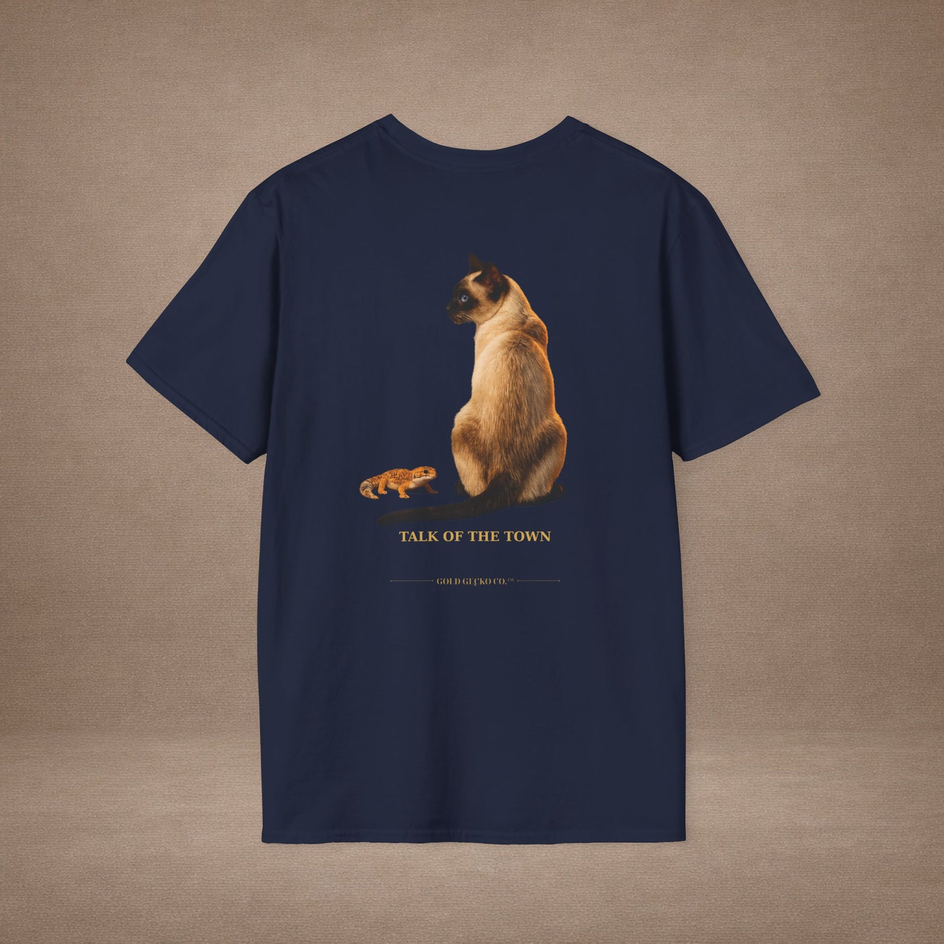 Siamese — Talk Of The Town — photoreal cat breed portraits paired with tiny gecko compani. Gold Gecko Co. Cats & Geckos collection.