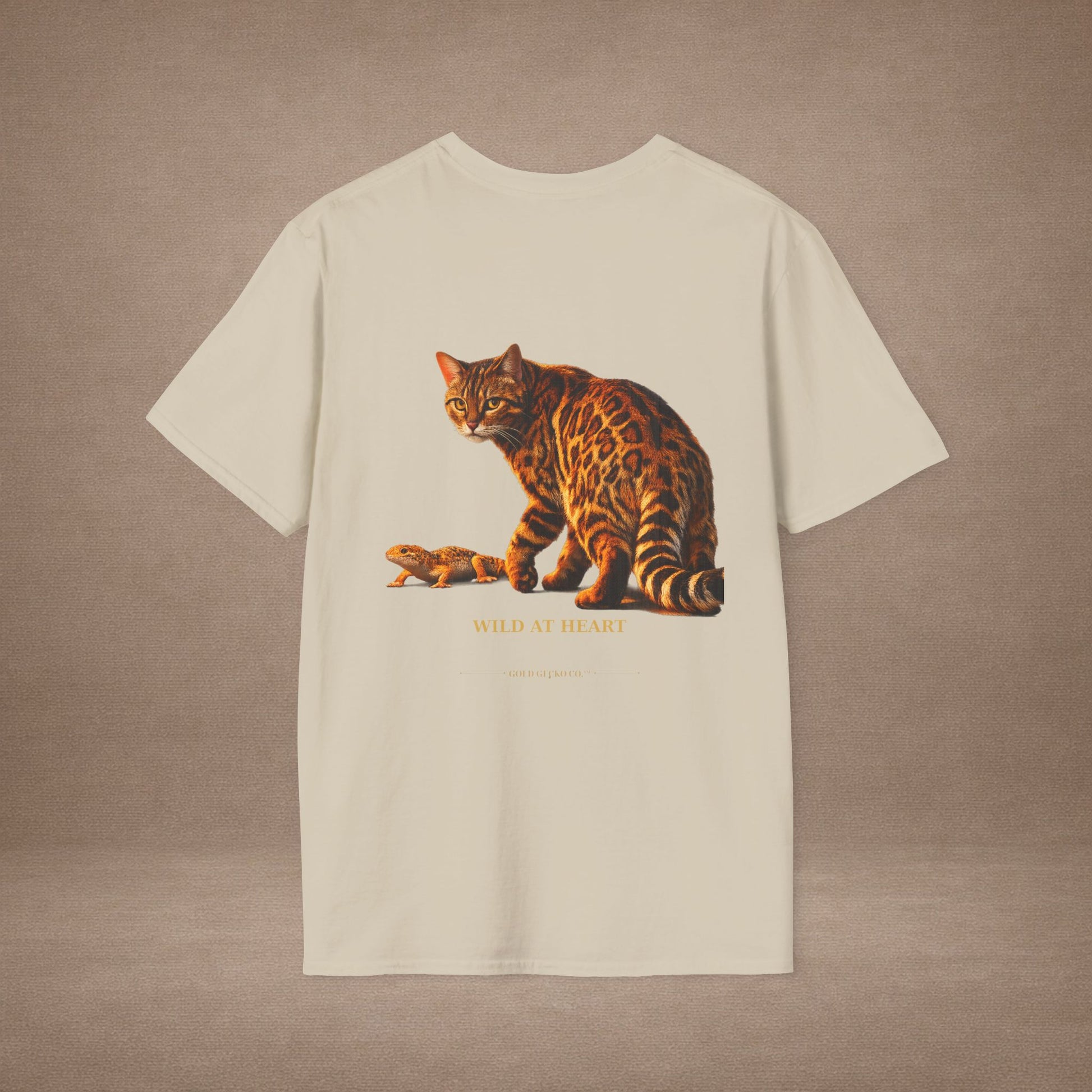 Bengal — Wild At Heart — photoreal cat breed portraits paired with tiny gecko compani. Gold Gecko Co. Cats & Geckos collection.