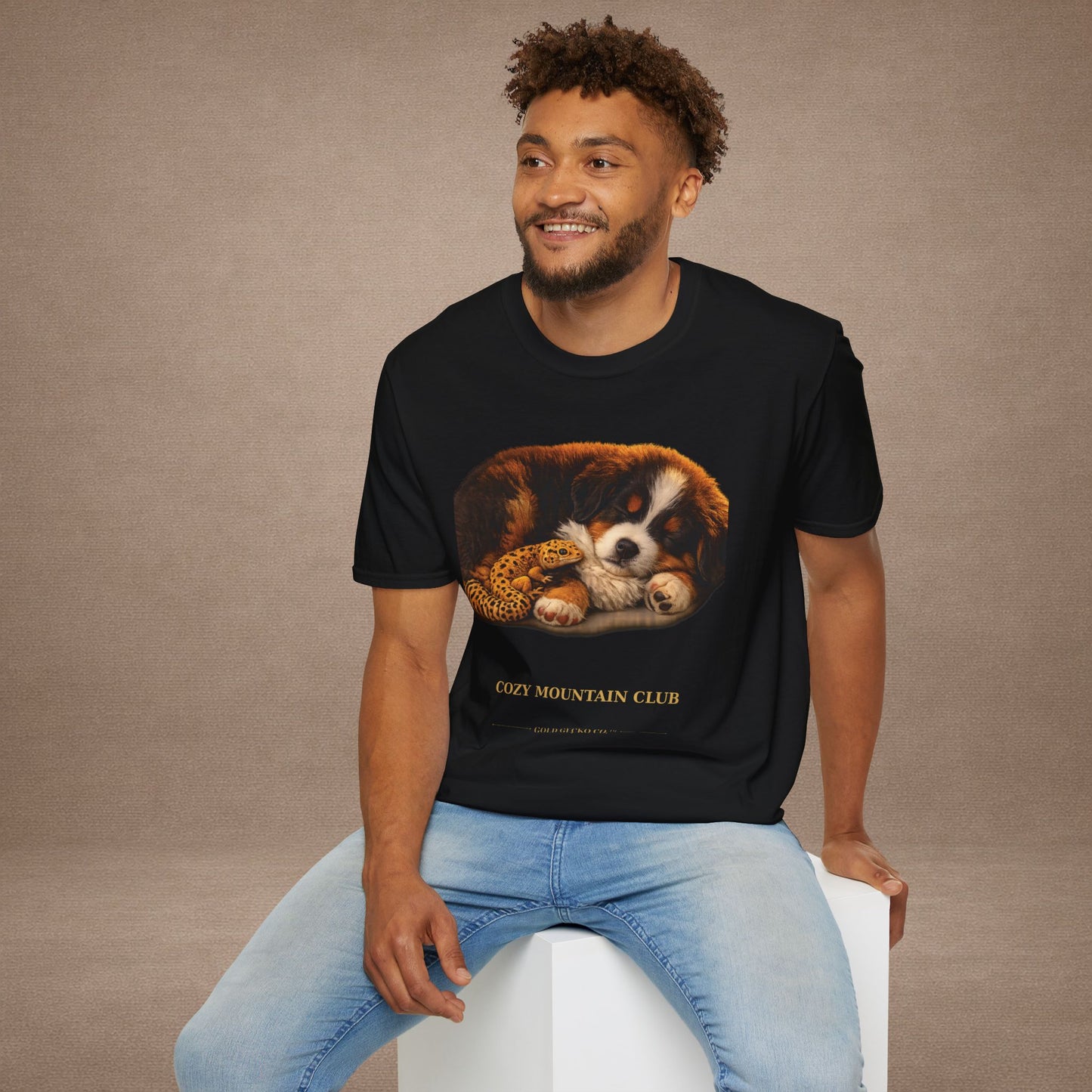 Bernese Mountain Dog — Cozy Mountain Club — cinematic photoreal portraits of beloved dog breeds paired w. Gold Gecko Co. Puppies & Geckos collection.