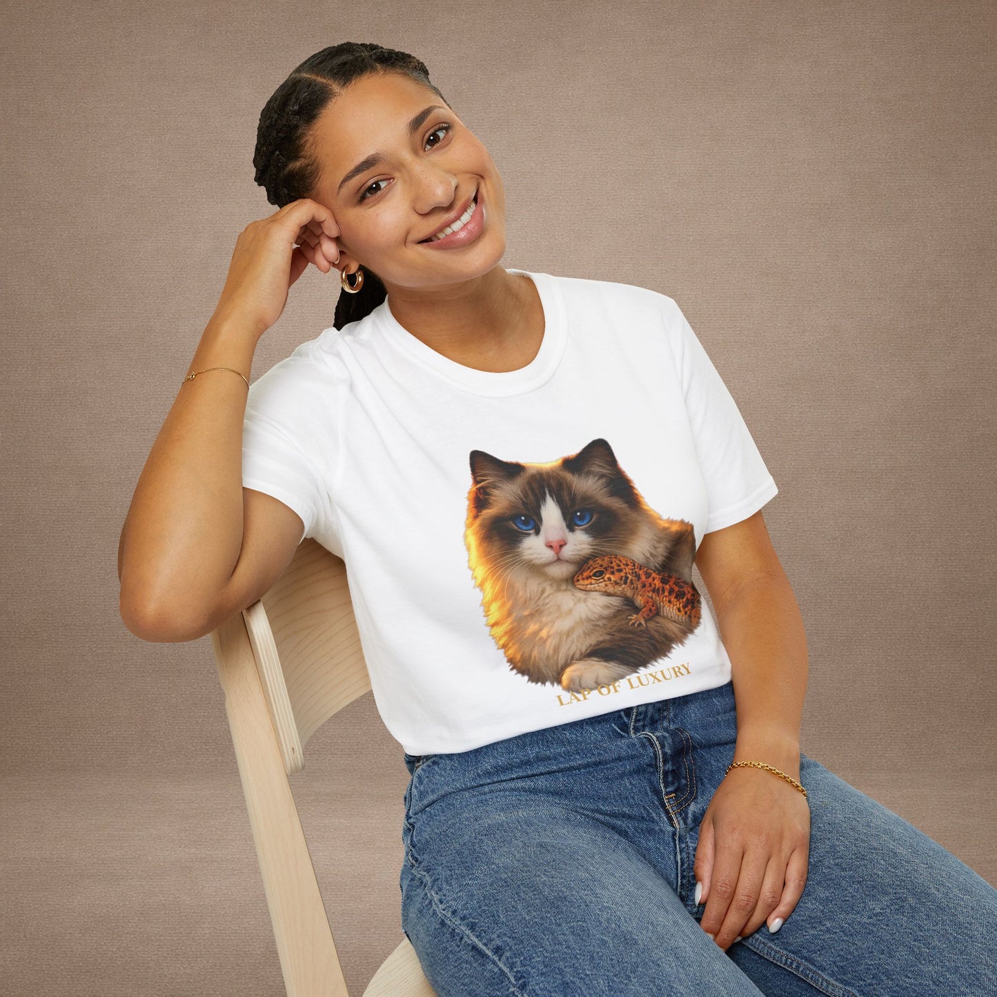 Ragdoll — Lap Of Luxury — photoreal cat breed portraits paired with tiny gecko compani. Gold Gecko Co. Cats & Geckos collection.