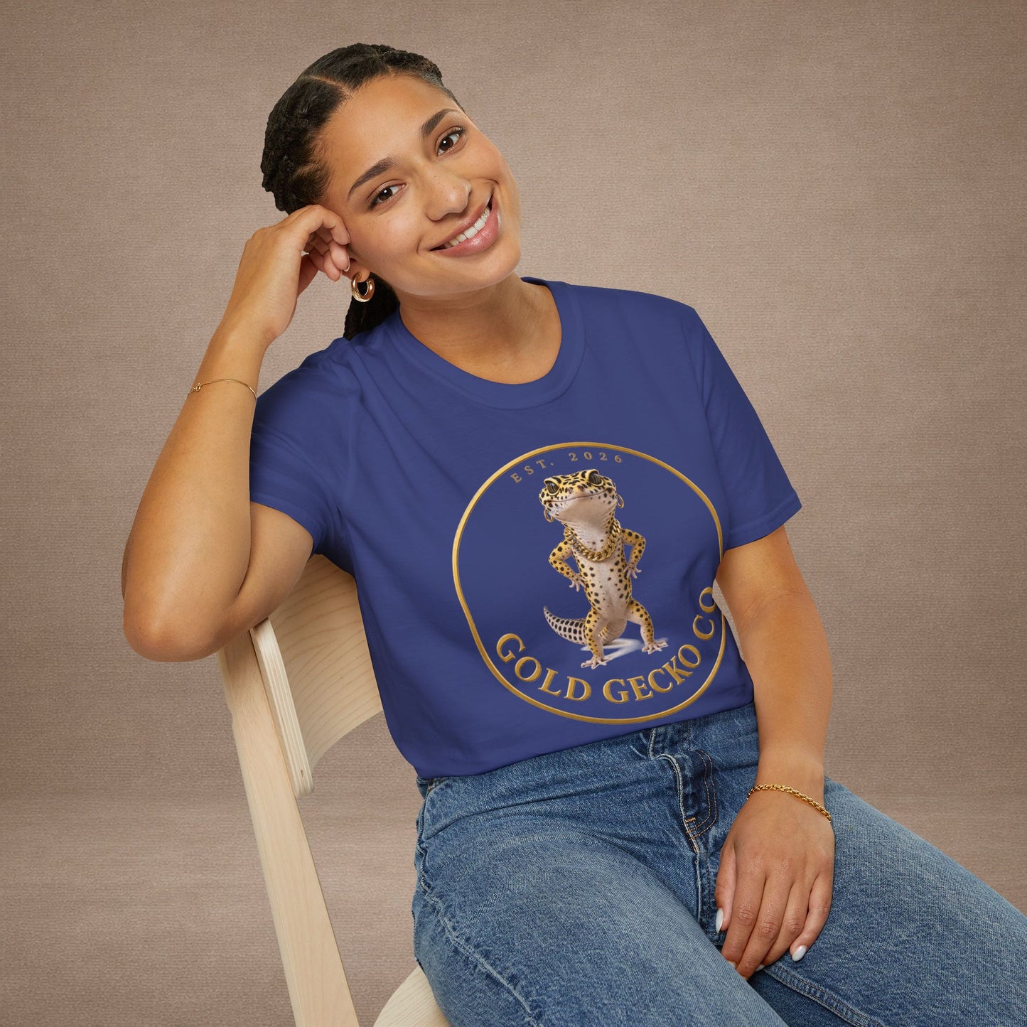 Design # 001  Gold Gecko Co. tm - Signature Logo Tee — Emblem Graphic T-Shirt (Front @ Back)