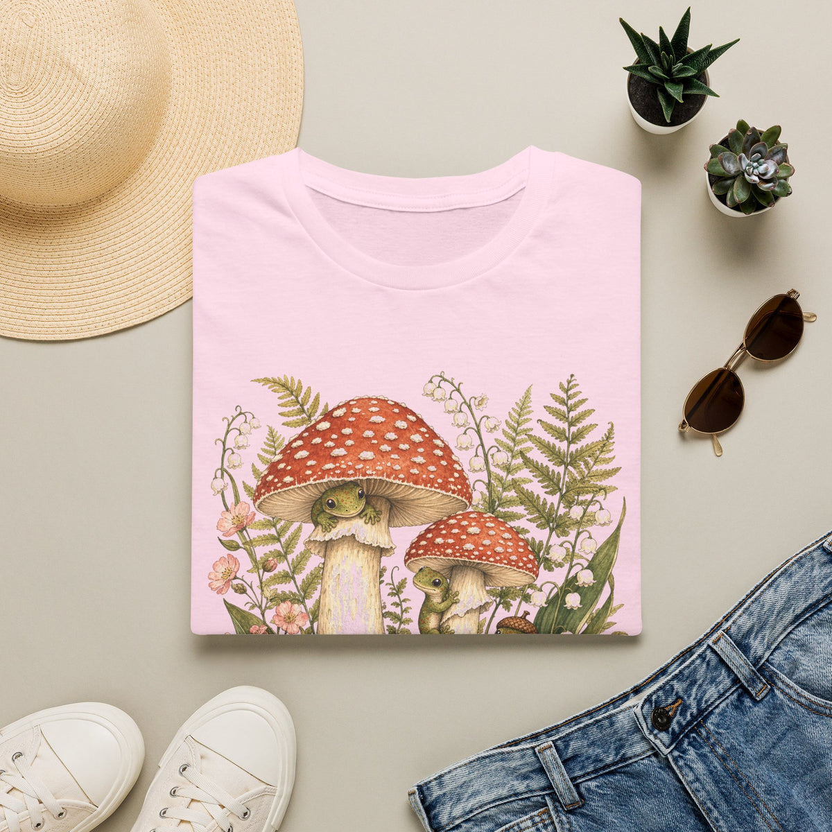 Mushroom Village cottagecore watercolor T-shirt from Gold Gecko Co. — gecko exploring a whimsical toadstool village in the woods.