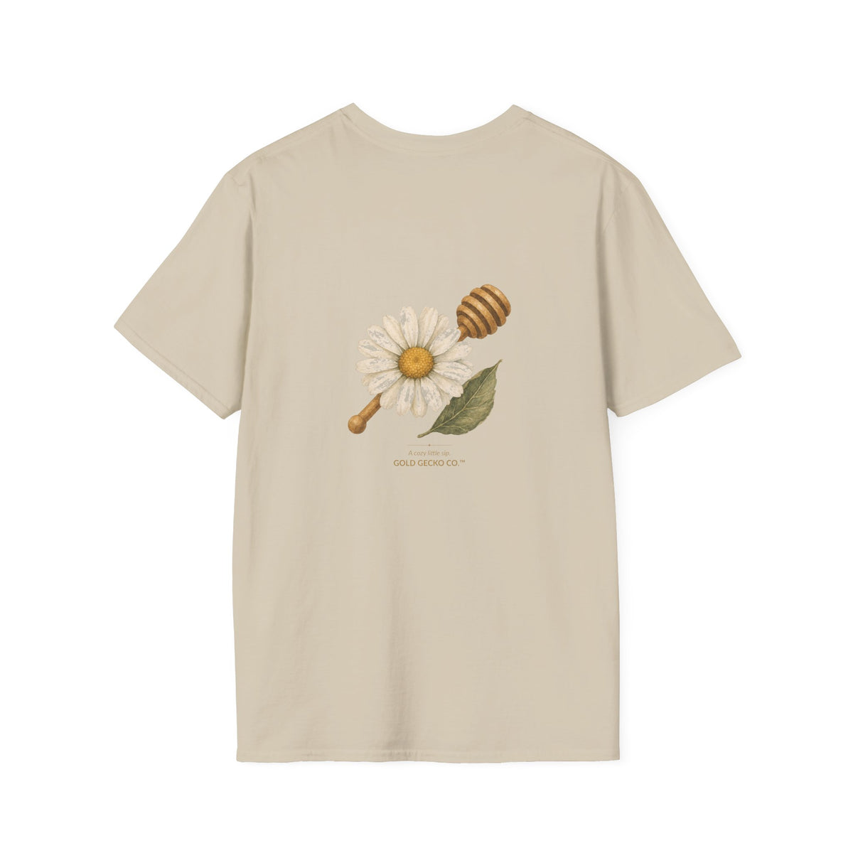Tea Time Gecko cottagecore watercolor T-shirt from Gold Gecko Co. — gecko sipping from a floral teacup among daisies and lavender.