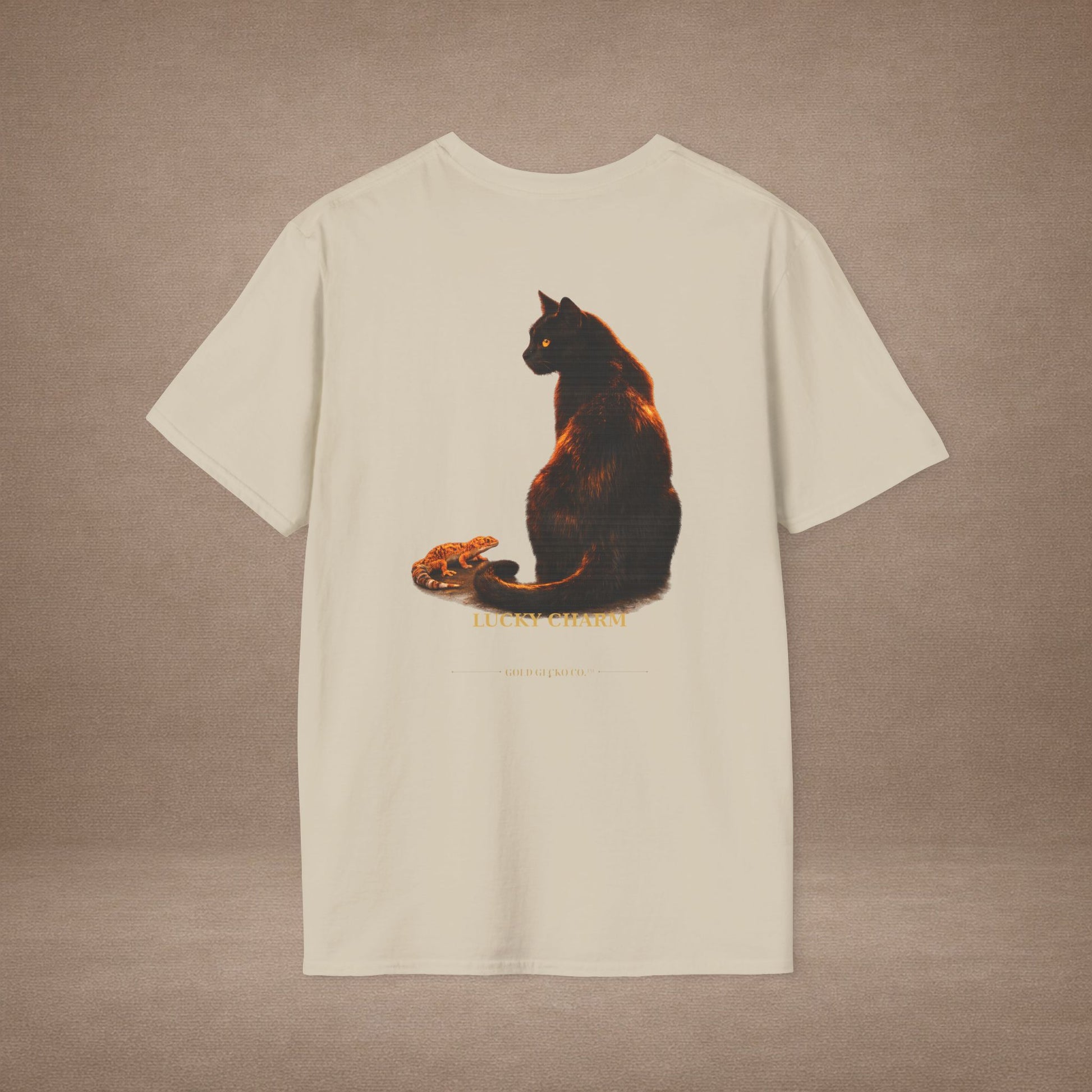 Black Cat — Lucky Charm — photoreal cat breed portraits paired with tiny gecko compani. Gold Gecko Co. Cats & Geckos collection.