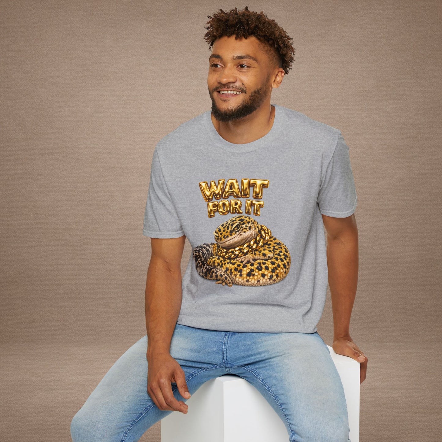 DESIGN #06-1 - Wait For It -  Side-Eye Leopard Gecko Tee (Front & Back)- Gold Letters