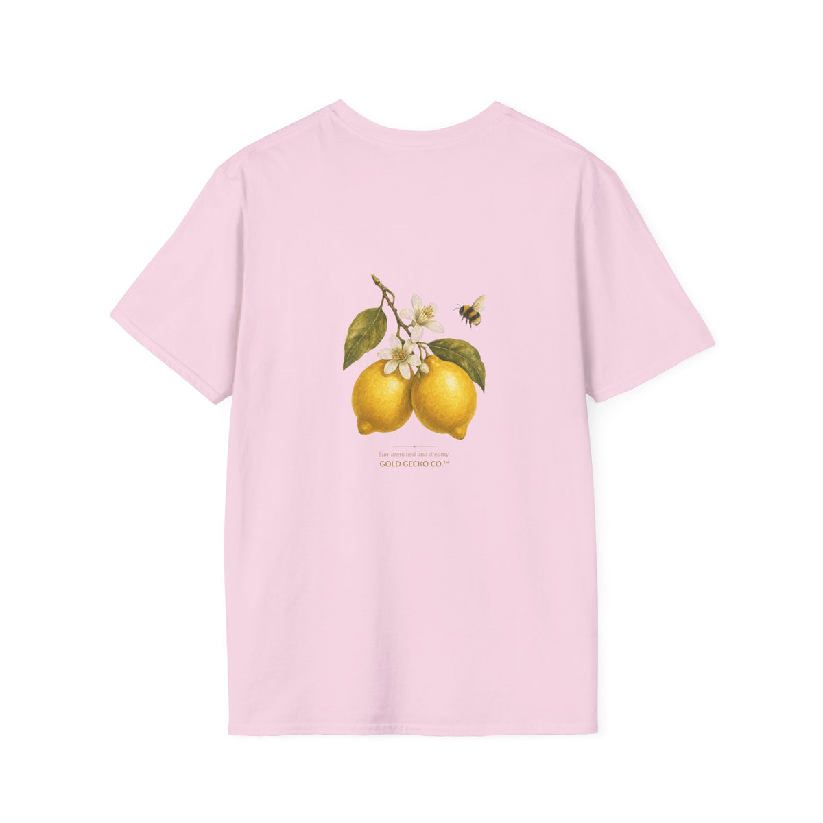 Citrus Grove Gecko cottagecore watercolor T-shirt from Gold Gecko Co. — gecko in a sunlit Mediterranean citrus grove of lemons and oranges.