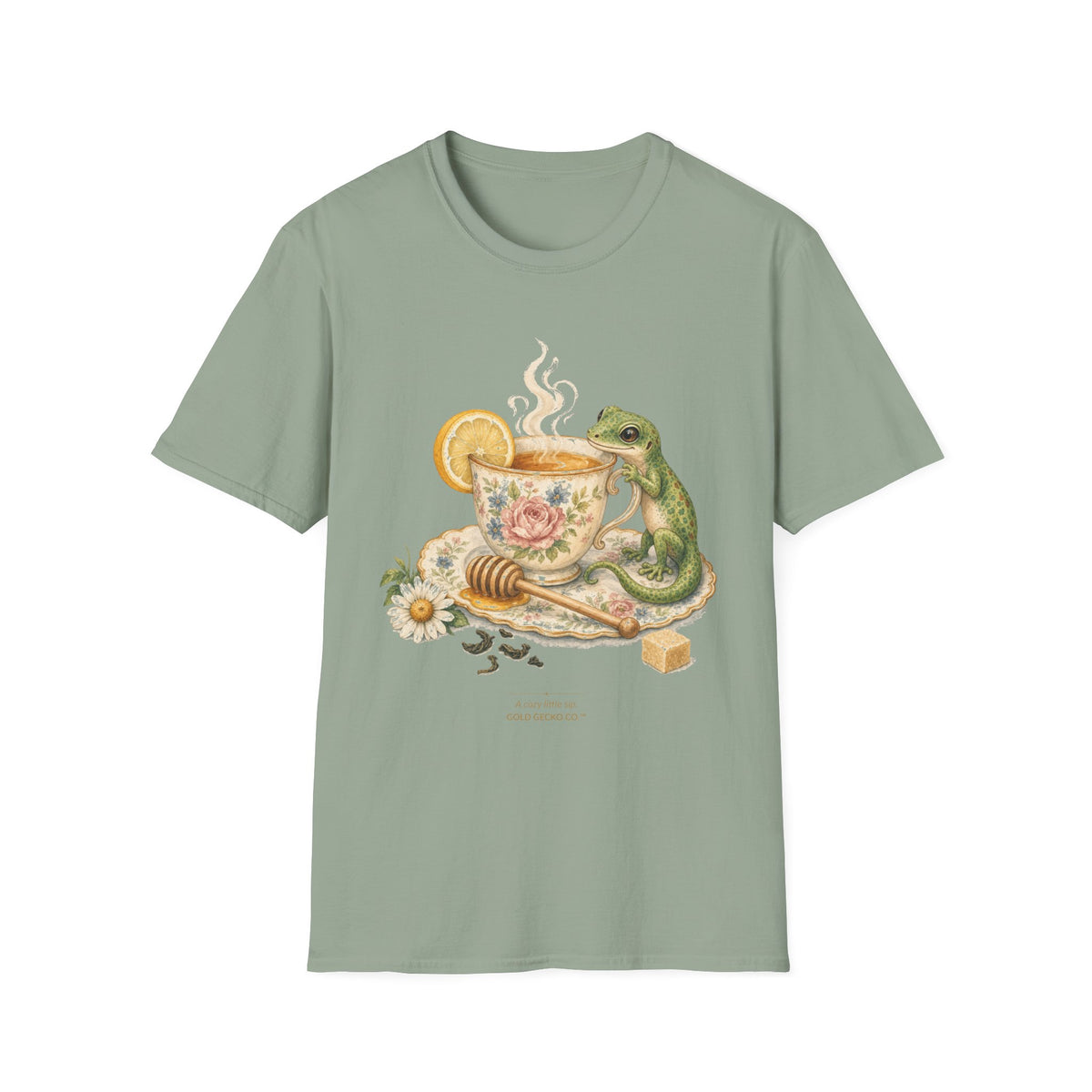 Tea Time Gecko cottagecore watercolor T-shirt from Gold Gecko Co. — gecko sipping from a floral teacup among daisies and lavender.