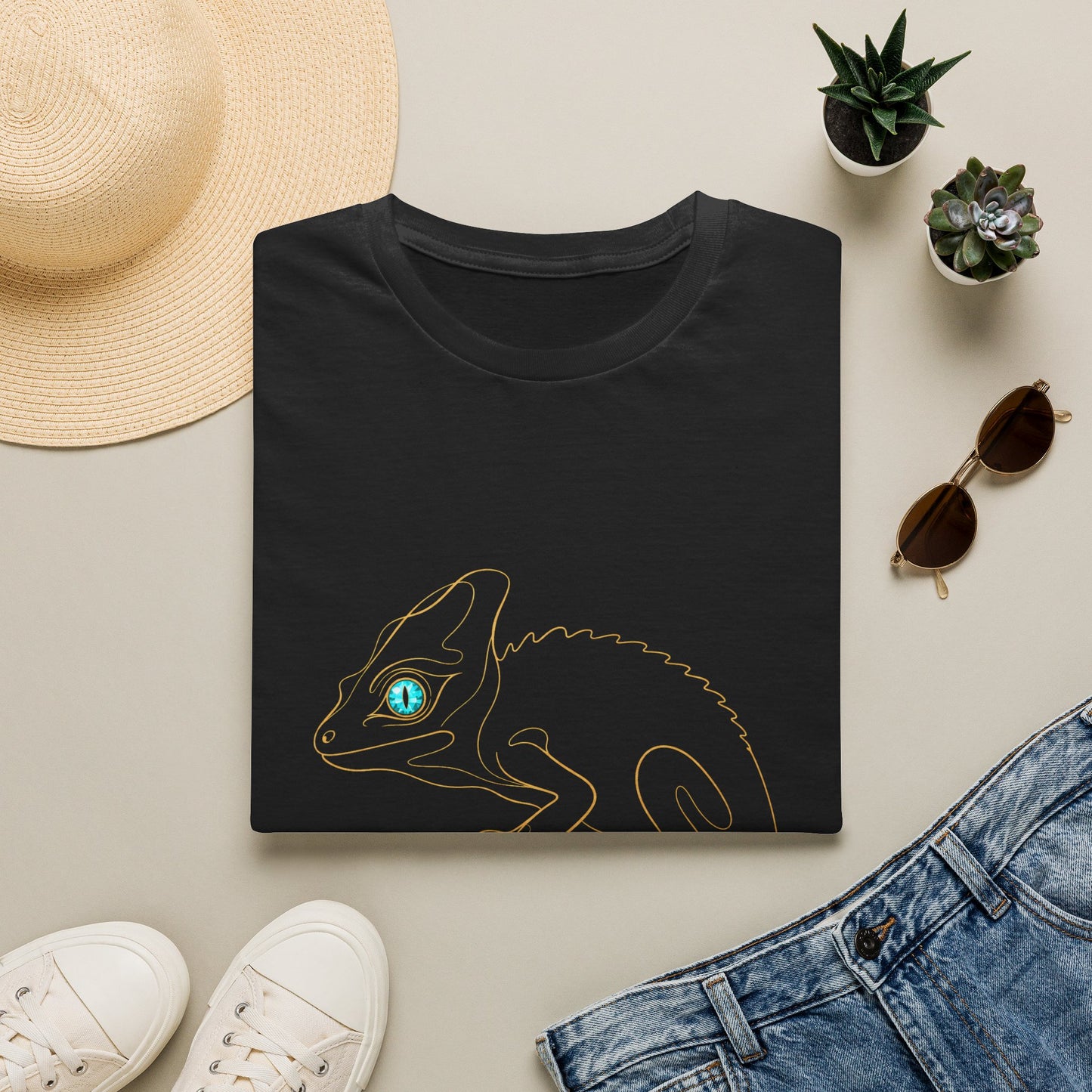 Turquoise Chameleon single-line art with turquoise gem eye — Gold Gecko Co. Line & Gold collection (Dark)