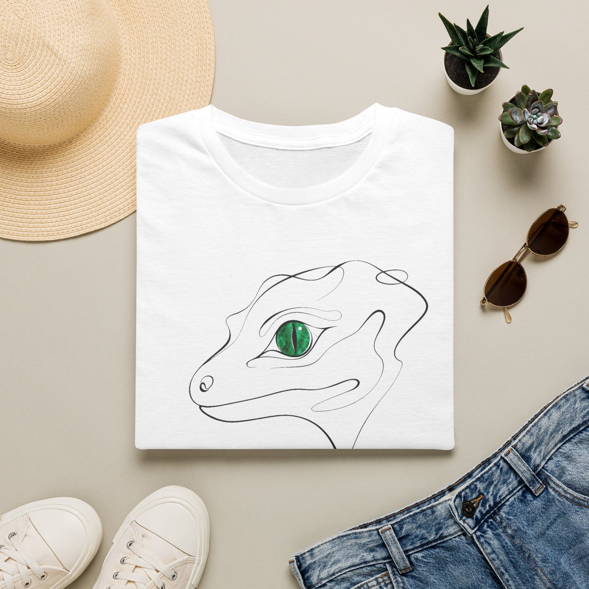 Emerald Gecko single-line art with emerald green gem eye — Gold Gecko Co. Line & Gold collection (Light)
