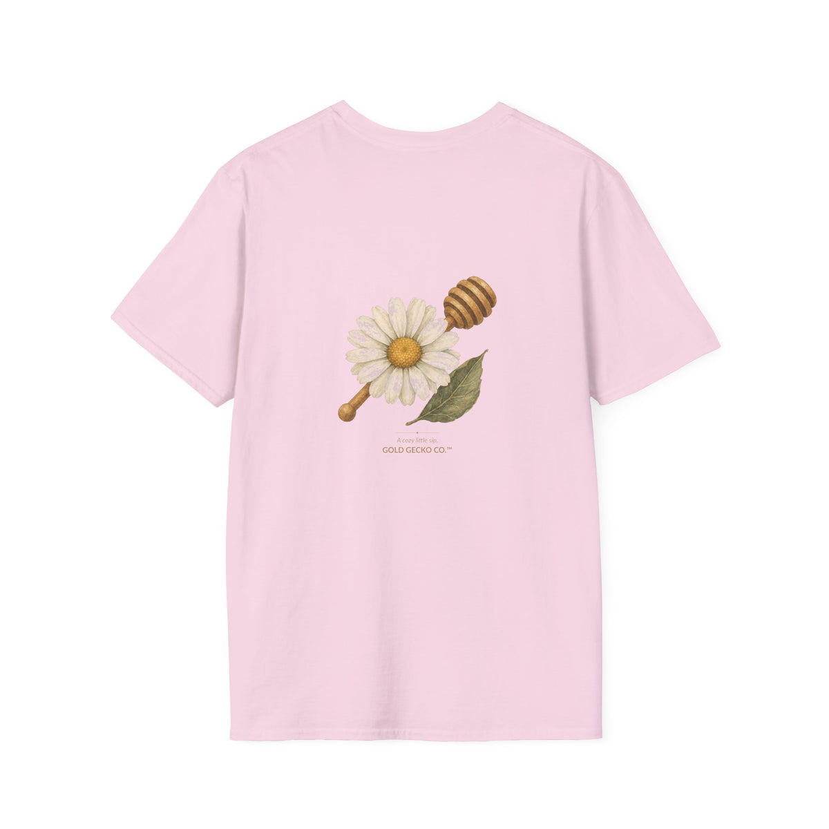 Tea Time Gecko cottagecore watercolor T-shirt from Gold Gecko Co. — gecko sipping from a floral teacup among daisies and lavender.