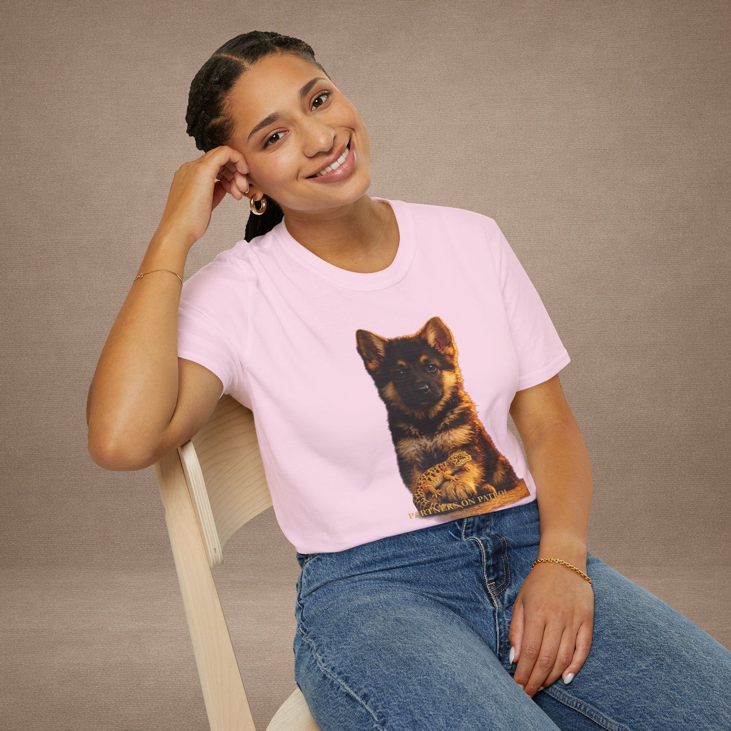 German Shepherd — Partners On Patrol — cinematic photoreal portraits of beloved dog breeds paired w. Gold Gecko Co. Puppies & Geckos collection.