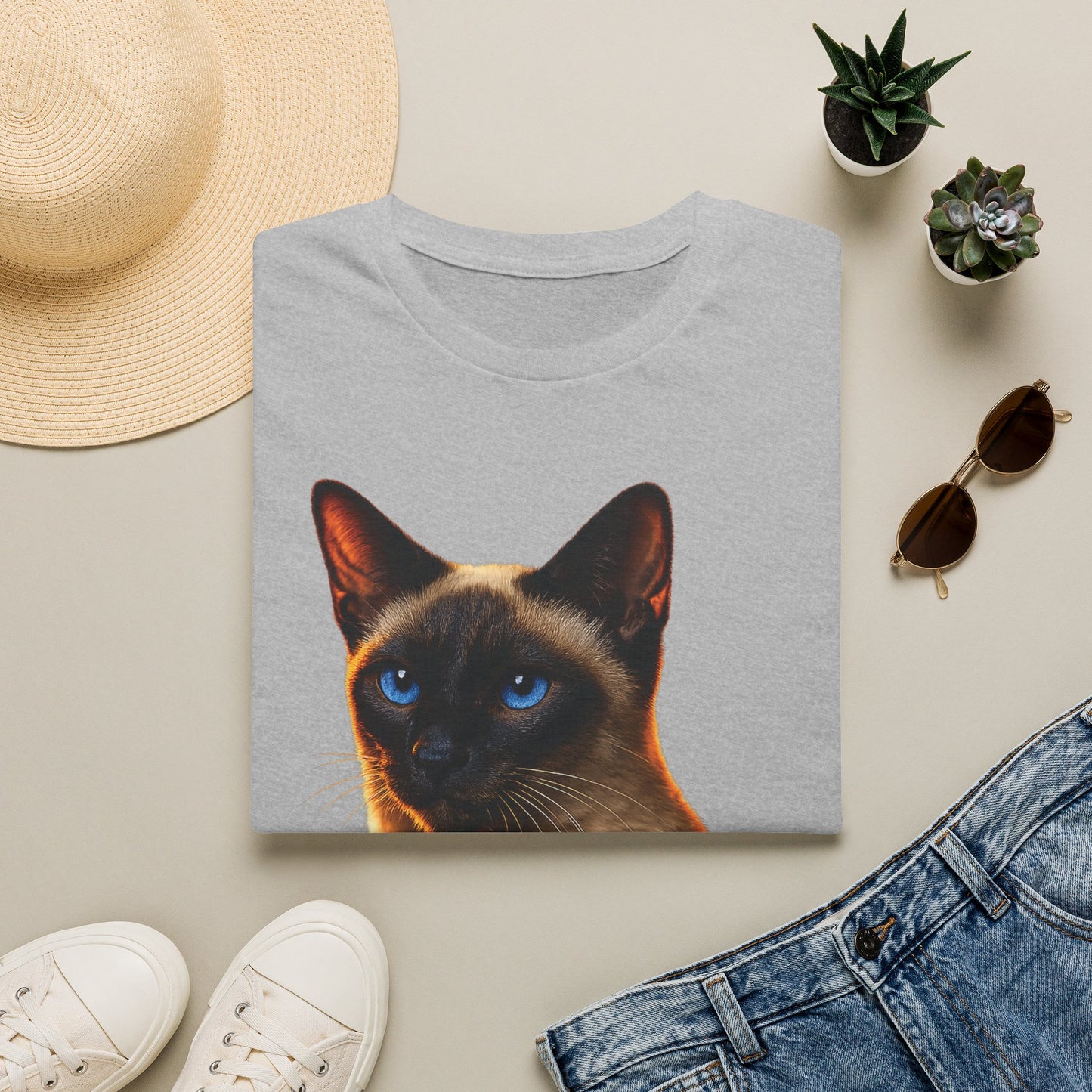 Siamese — Talk Of The Town — photoreal cat breed portraits paired with tiny gecko compani. Gold Gecko Co. Cats & Geckos collection.