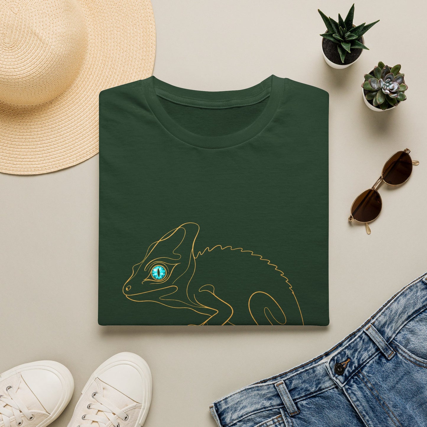 Turquoise Chameleon single-line art with turquoise gem eye — Gold Gecko Co. Line & Gold collection (Dark)