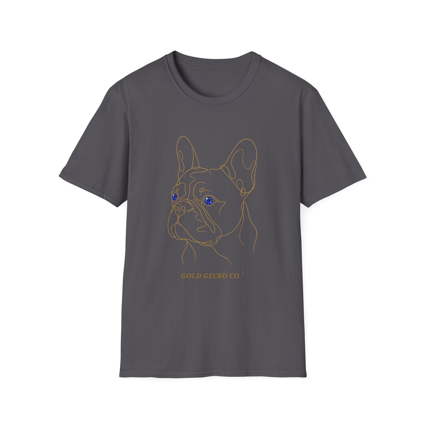 Sapphire French Bulldog single-line art with sapphire blue gem eye — Gold Gecko Co. Line & Gold collection (Dark)