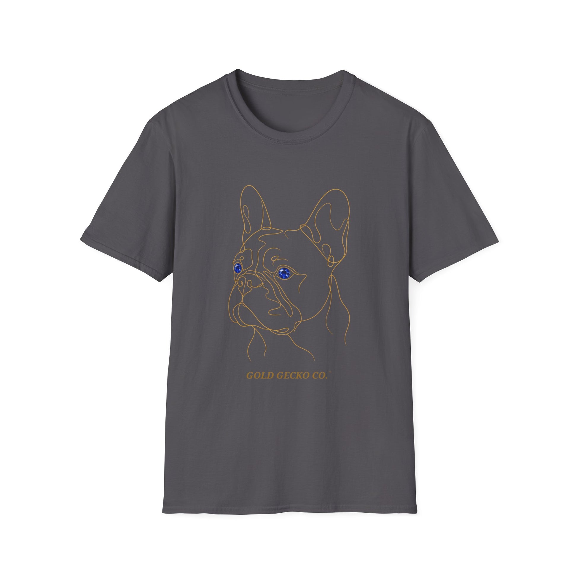 Sapphire French Bulldog single-line art with sapphire blue gem eye — Gold Gecko Co. Line & Gold collection (Dark)