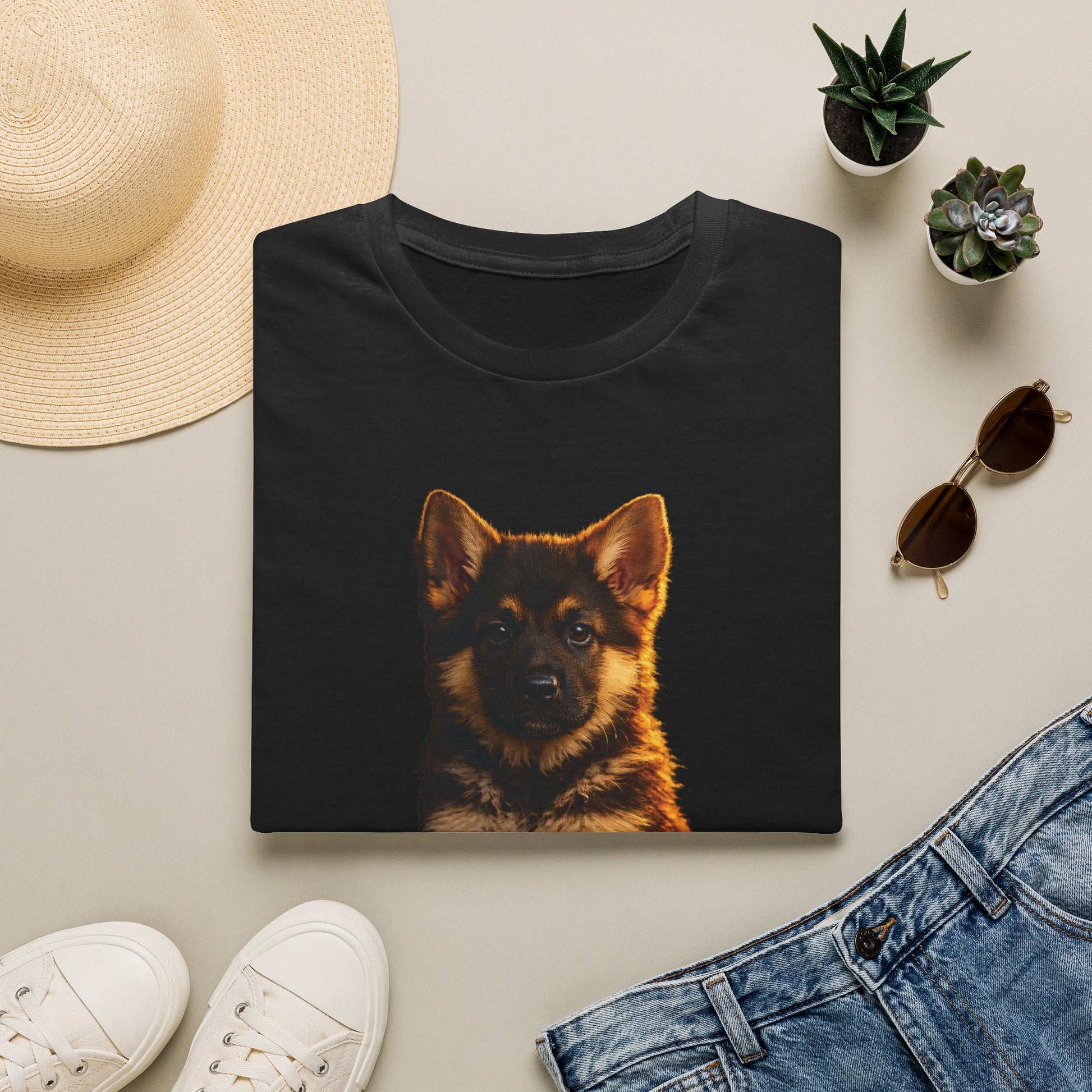 German Shepherd — Partners On Patrol — cinematic photoreal portraits of beloved dog breeds paired w. Gold Gecko Co. Puppies & Geckos collection.