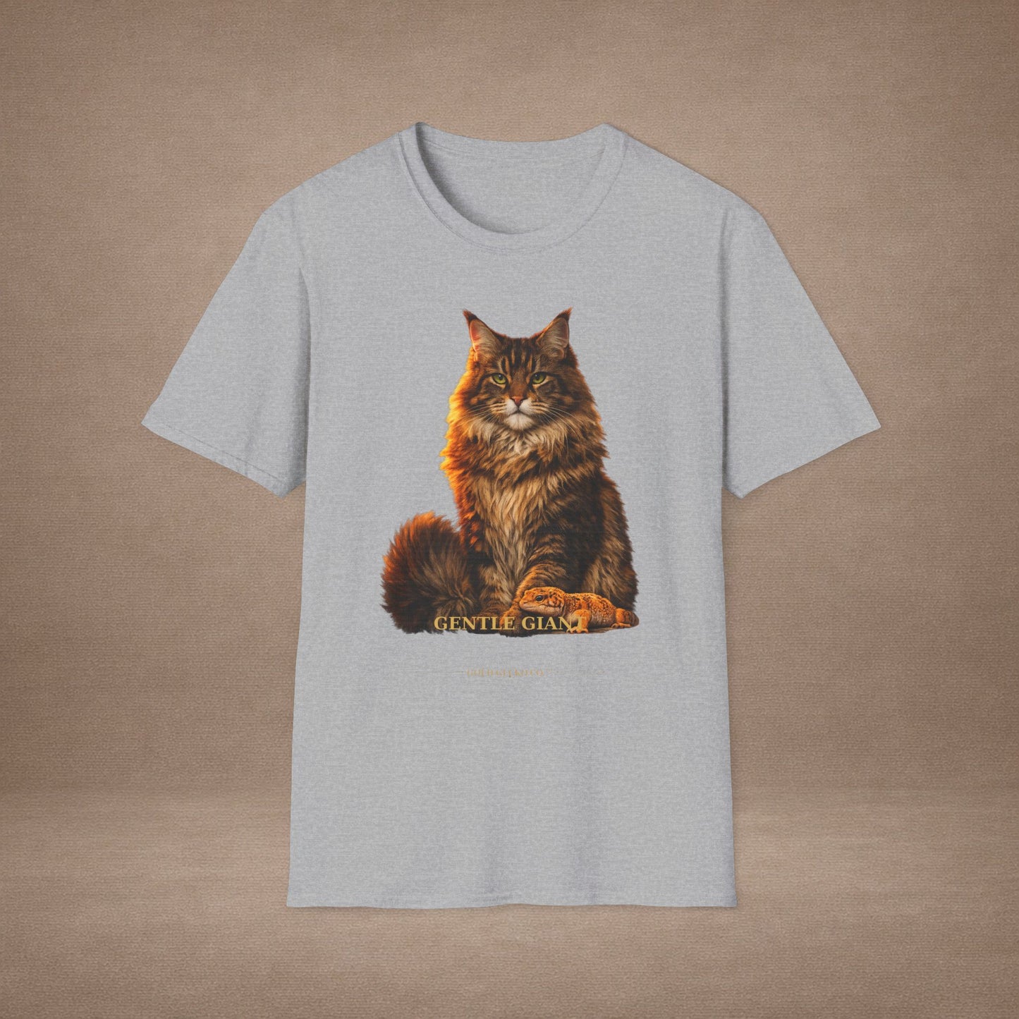 Maine Coon — Gentle Giant — photoreal cat breed portraits paired with tiny gecko compani. Gold Gecko Co. Cats & Geckos collection.