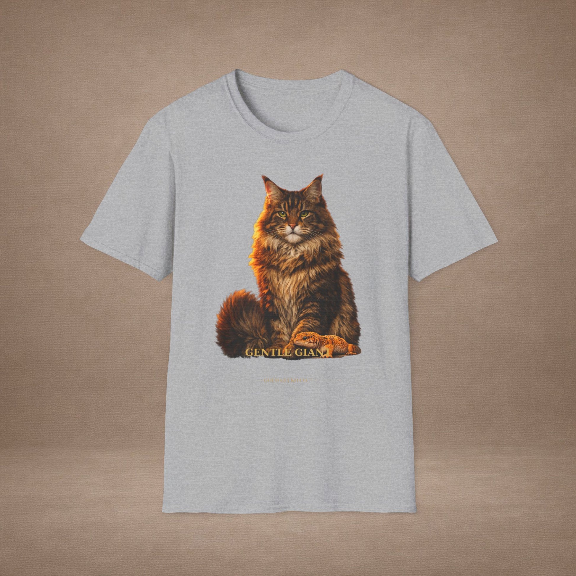 Maine Coon — Gentle Giant — photoreal cat breed portraits paired with tiny gecko compani. Gold Gecko Co. Cats & Geckos collection.