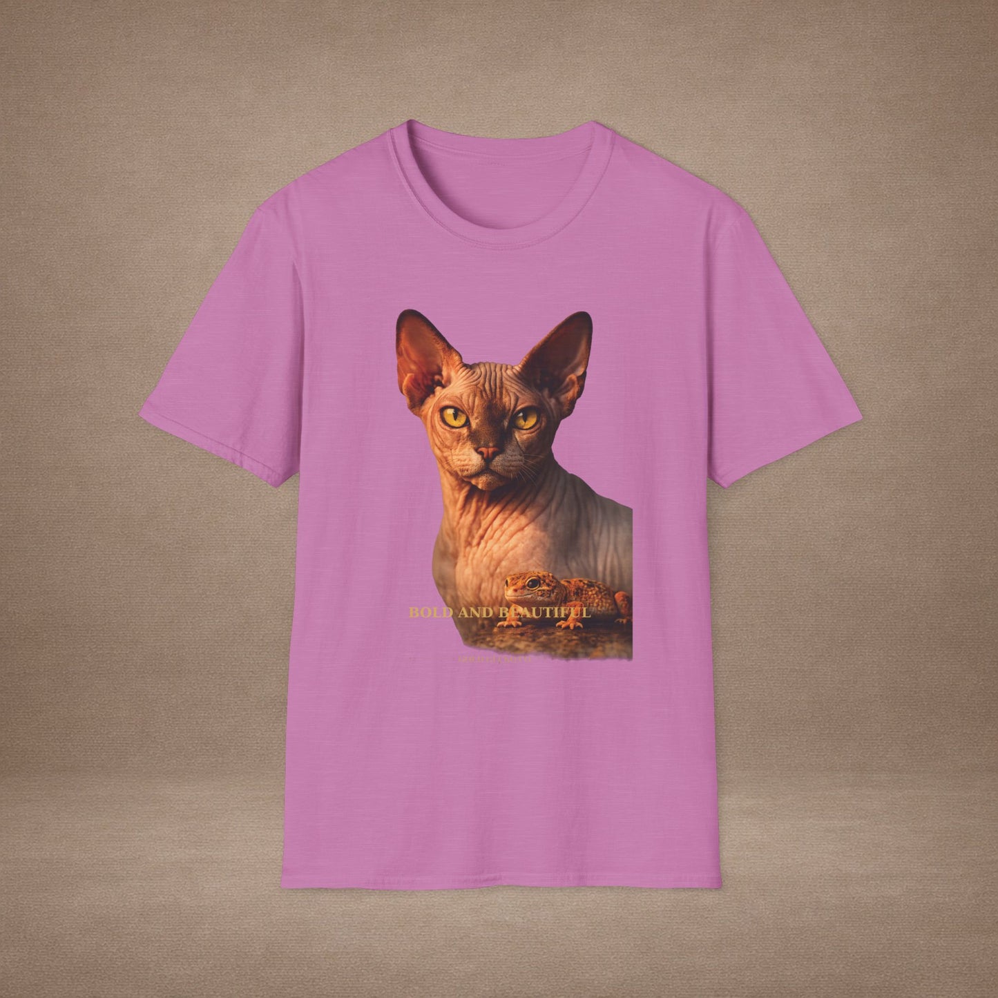Sphynx — Bold And Beautiful — photoreal cat breed portraits paired with tiny gecko compani. Gold Gecko Co. Cats & Geckos collection.