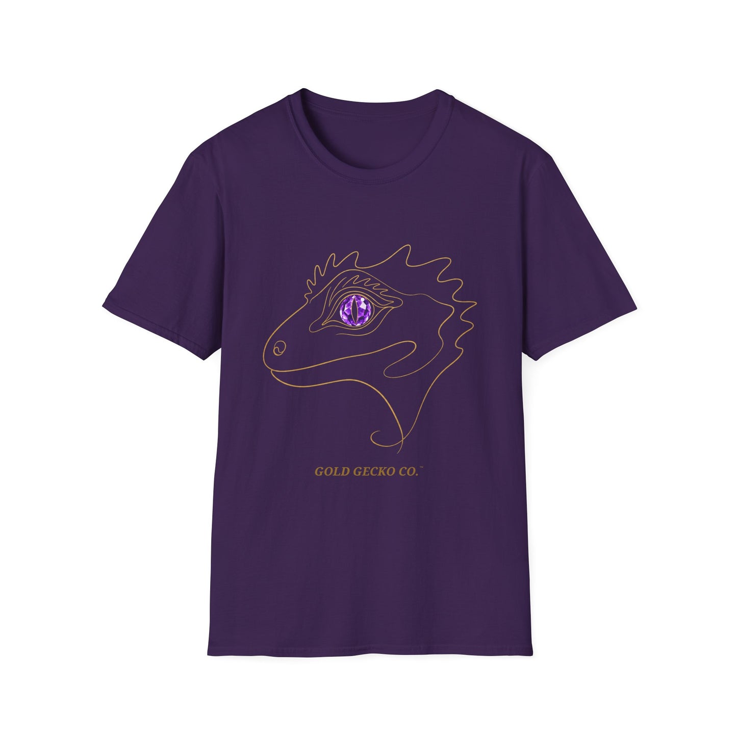 Amethyst Crested Gecko single-line art with amethyst purple gem eye — Gold Gecko Co. Line & Gold collection (Dark)