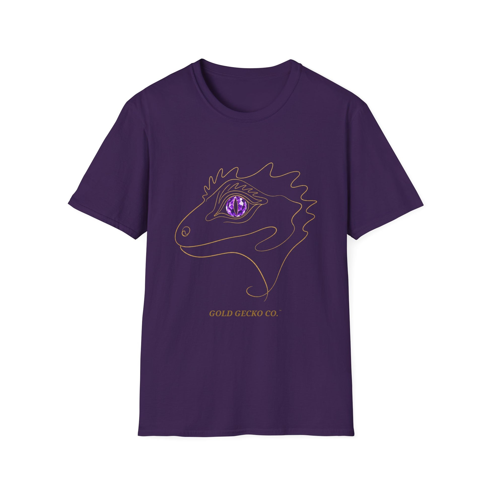 Amethyst Crested Gecko single-line art with amethyst purple gem eye — Gold Gecko Co. Line & Gold collection (Dark)