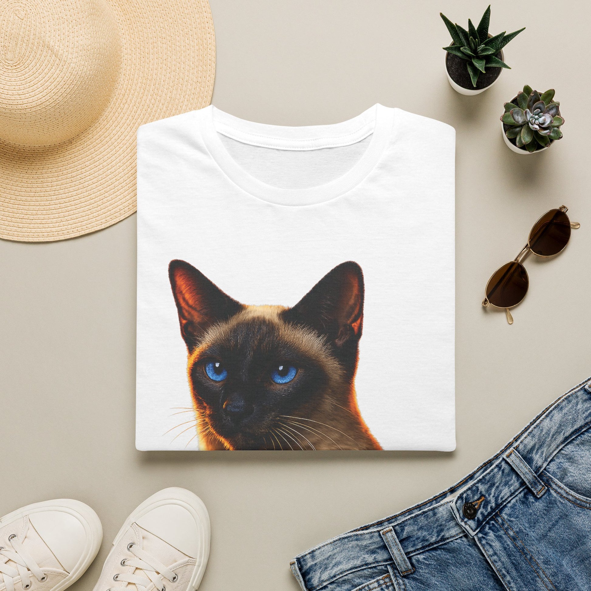 Siamese — Talk Of The Town — photoreal cat breed portraits paired with tiny gecko compani. Gold Gecko Co. Cats & Geckos collection.