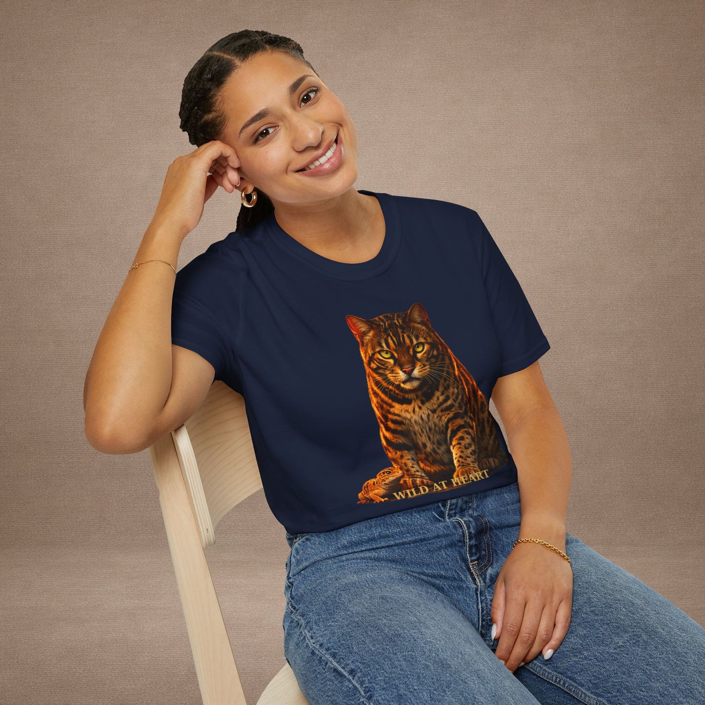 Bengal — Wild At Heart — photoreal cat breed portraits paired with tiny gecko compani. Gold Gecko Co. Cats & Geckos collection.