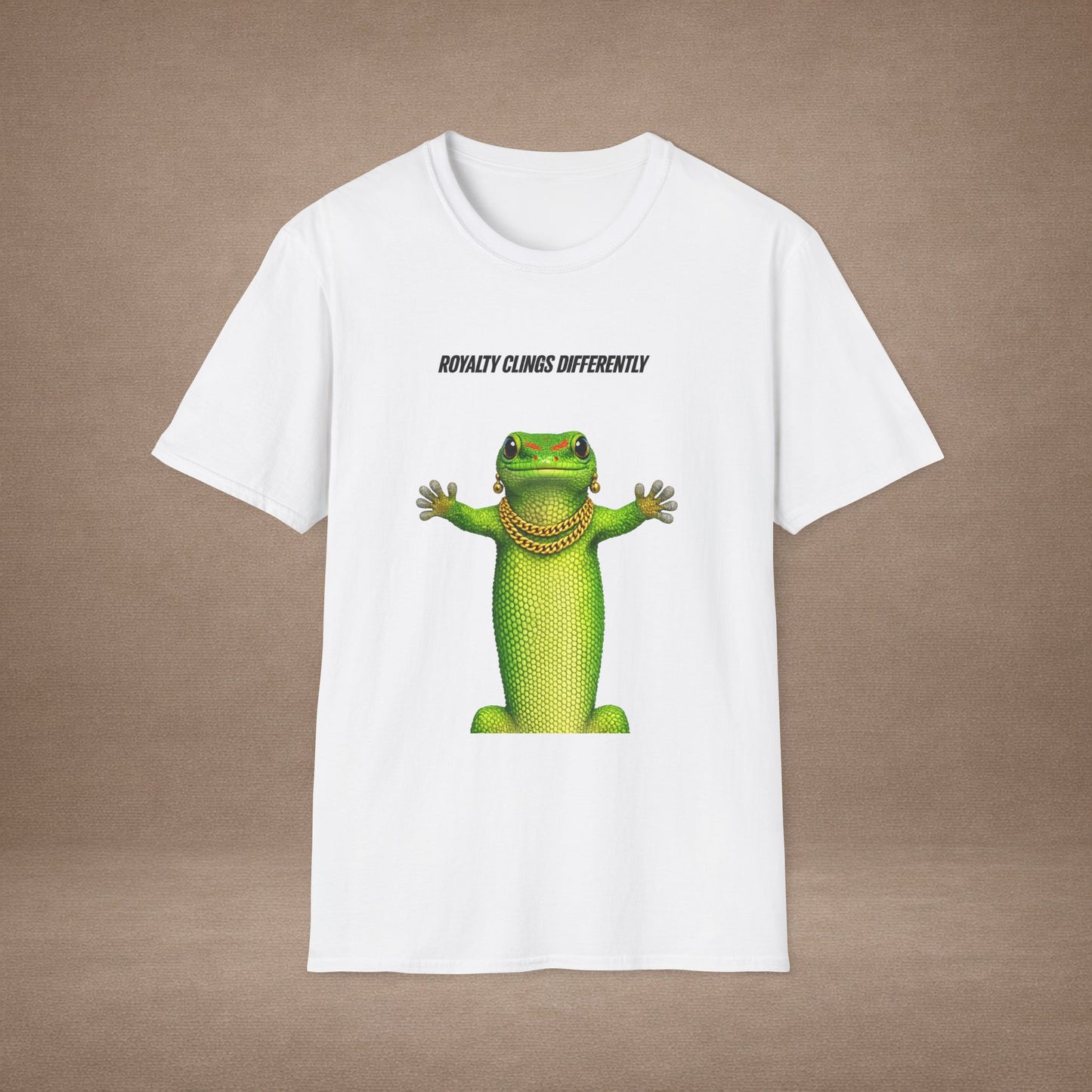 DESIGN #2-1 Royalty Clings Differently — Day Gecko Tee - (Black Letters)
