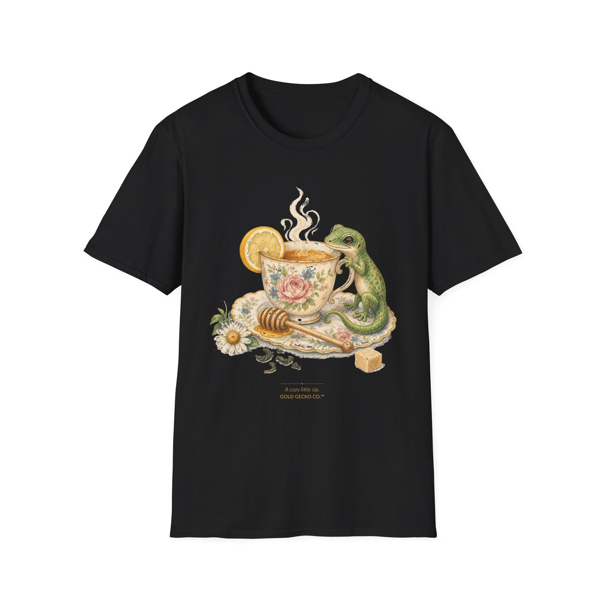 Tea Time Gecko cottagecore watercolor T-shirt from Gold Gecko Co. — gecko sipping from a floral teacup among daisies and lavender.