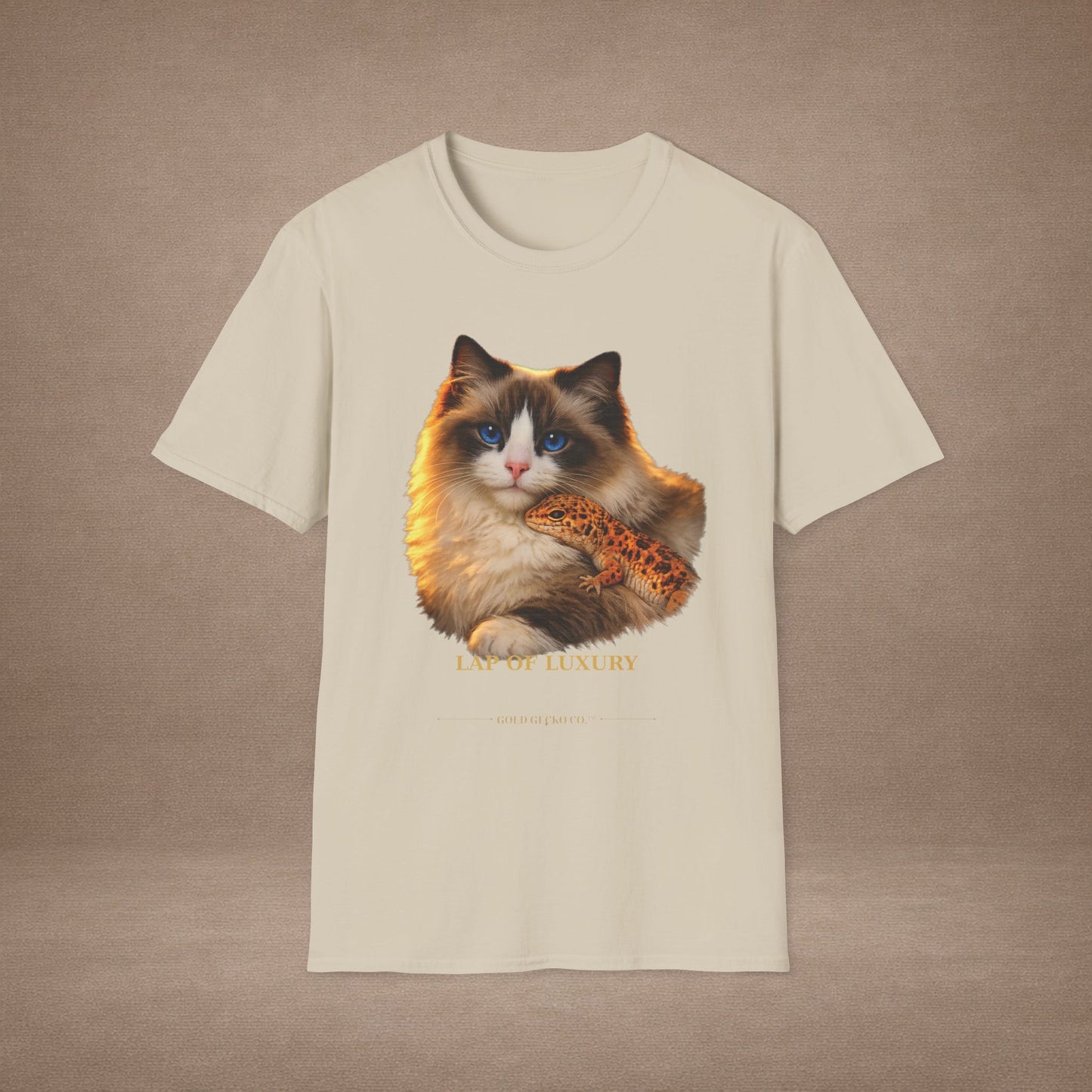 Ragdoll — Lap Of Luxury — photoreal cat breed portraits paired with tiny gecko compani. Gold Gecko Co. Cats & Geckos collection.