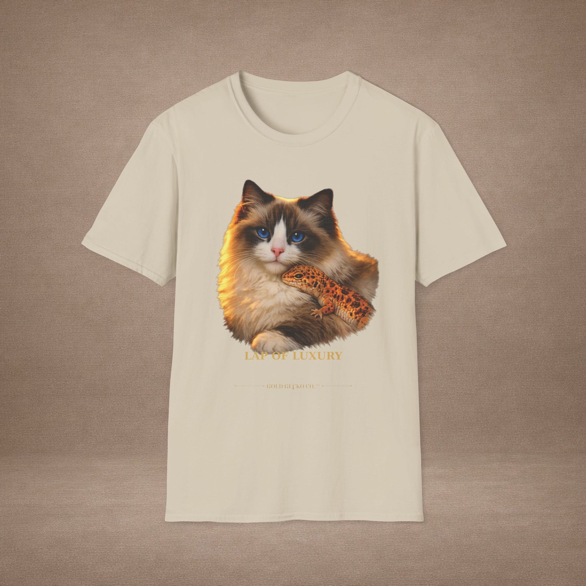 Ragdoll — Lap Of Luxury — photoreal cat breed portraits paired with tiny gecko compani. Gold Gecko Co. Cats & Geckos collection.