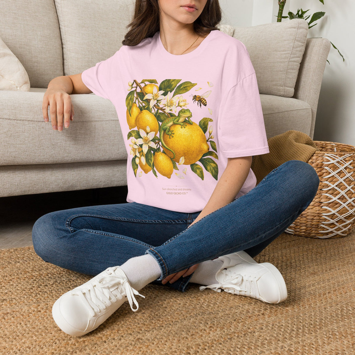 Citrus Grove Gecko cottagecore watercolor T-shirt from Gold Gecko Co. — gecko in a sunlit Mediterranean citrus grove of lemons and oranges.