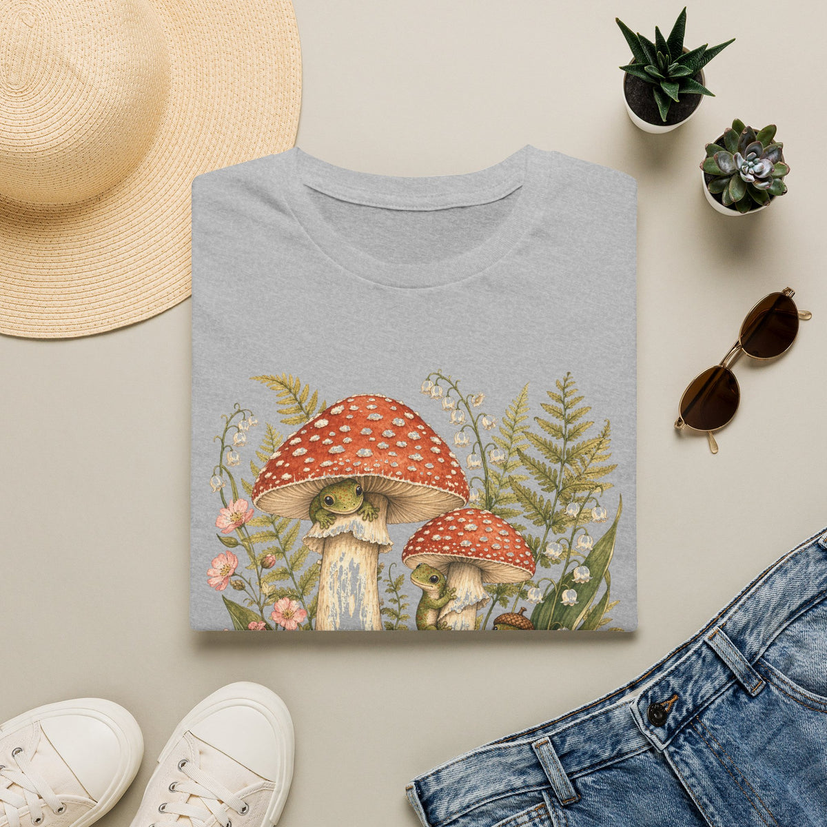 Mushroom Village cottagecore watercolor T-shirt from Gold Gecko Co. — gecko exploring a whimsical toadstool village in the woods.