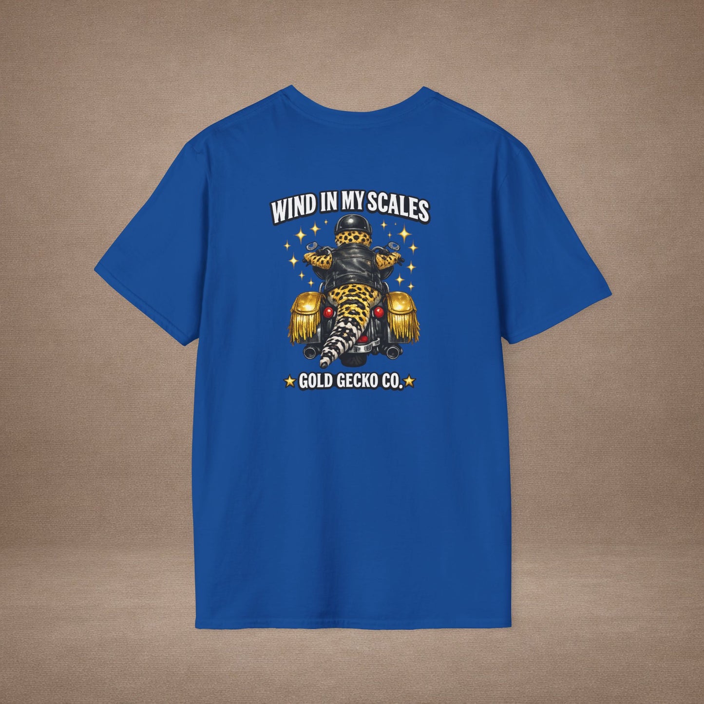 DESIGN #38 Wind in My Scales — Bagger Gecko Tee (Front & Back) Golden Letters