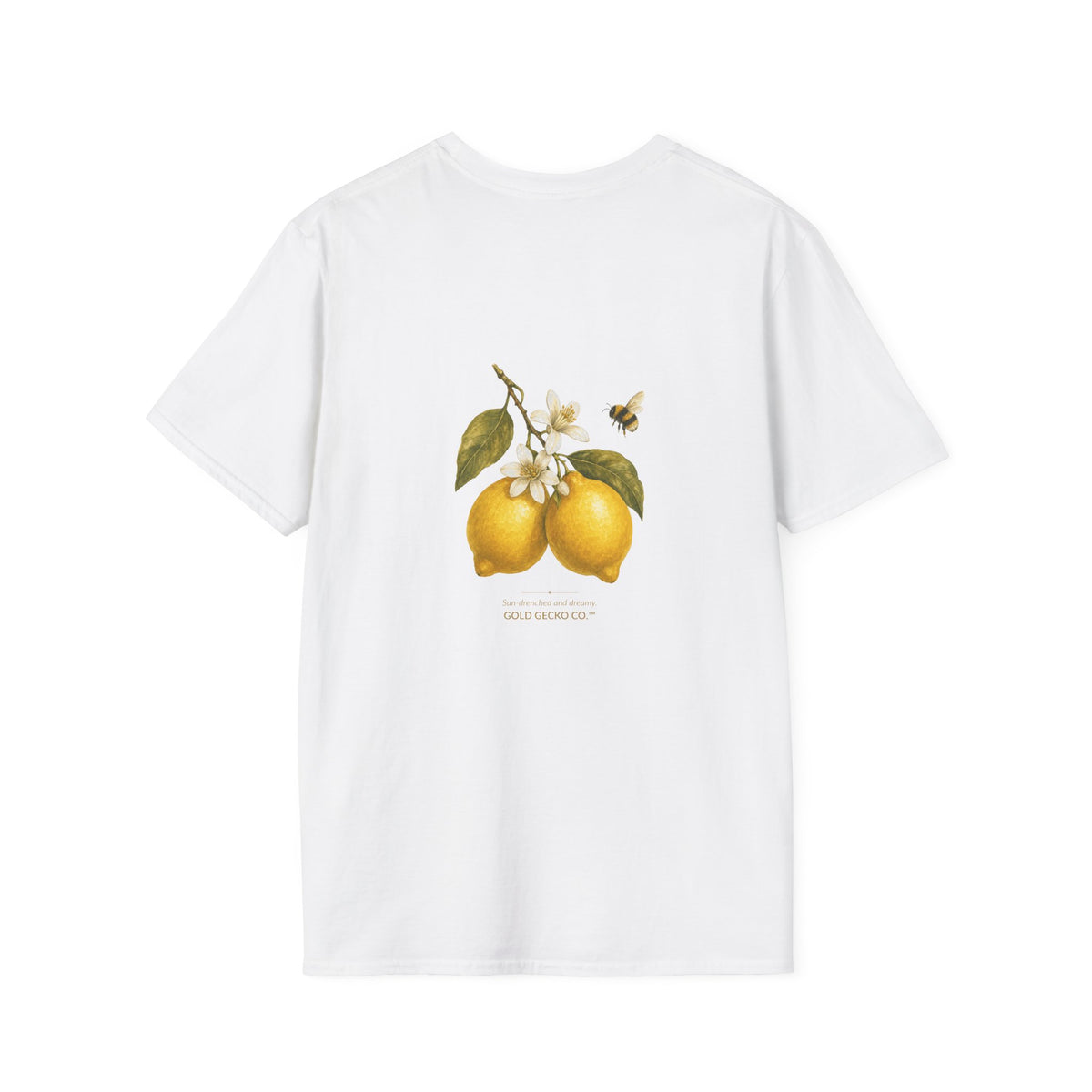 Citrus Grove Gecko cottagecore watercolor T-shirt from Gold Gecko Co. — gecko in a sunlit Mediterranean citrus grove of lemons and oranges.