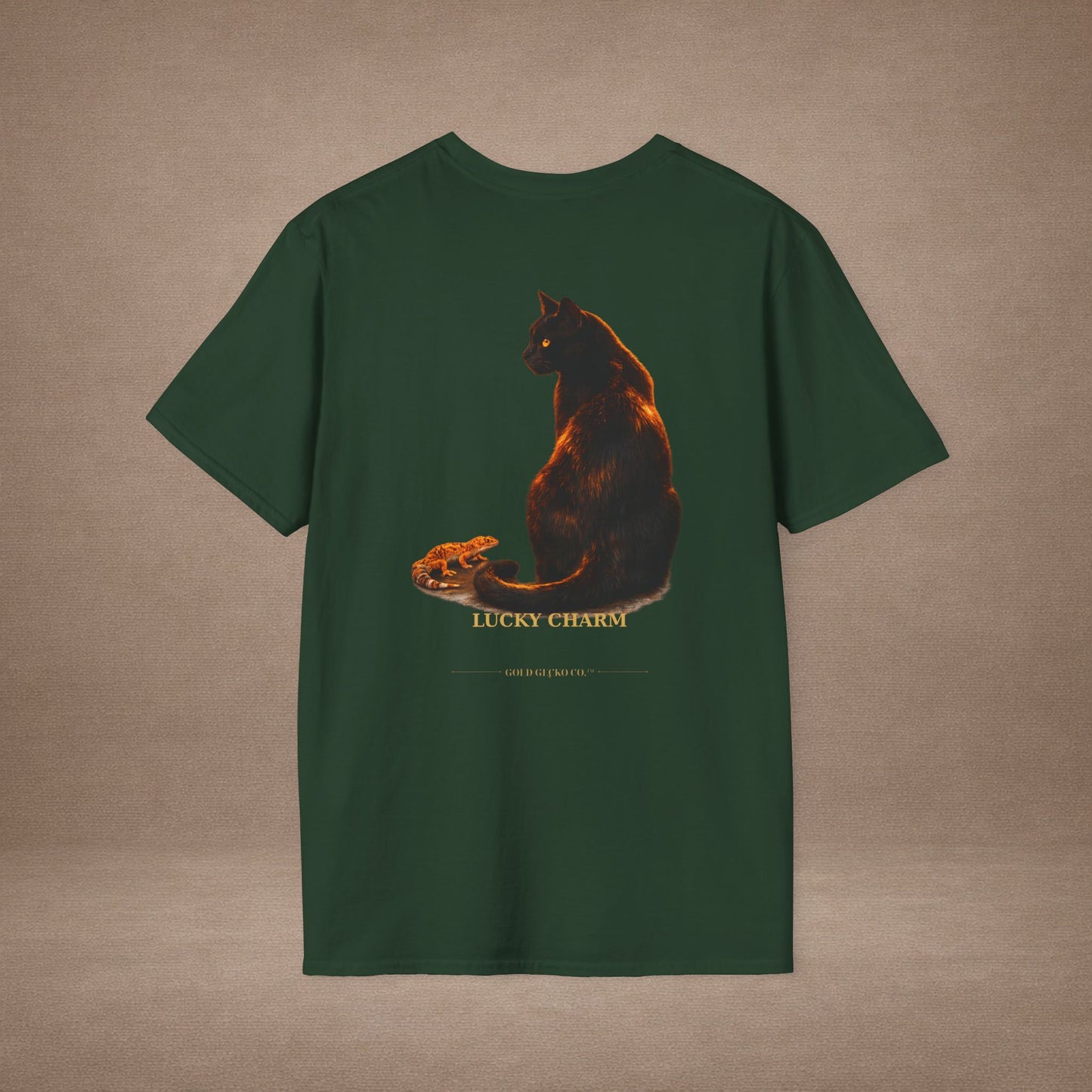 Black Cat — Lucky Charm — photoreal cat breed portraits paired with tiny gecko compani. Gold Gecko Co. Cats & Geckos collection.