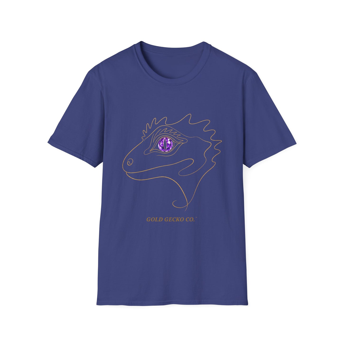 Amethyst Crested Gecko single-line art with amethyst purple gem eye — Gold Gecko Co. Line & Gold collection (Dark)