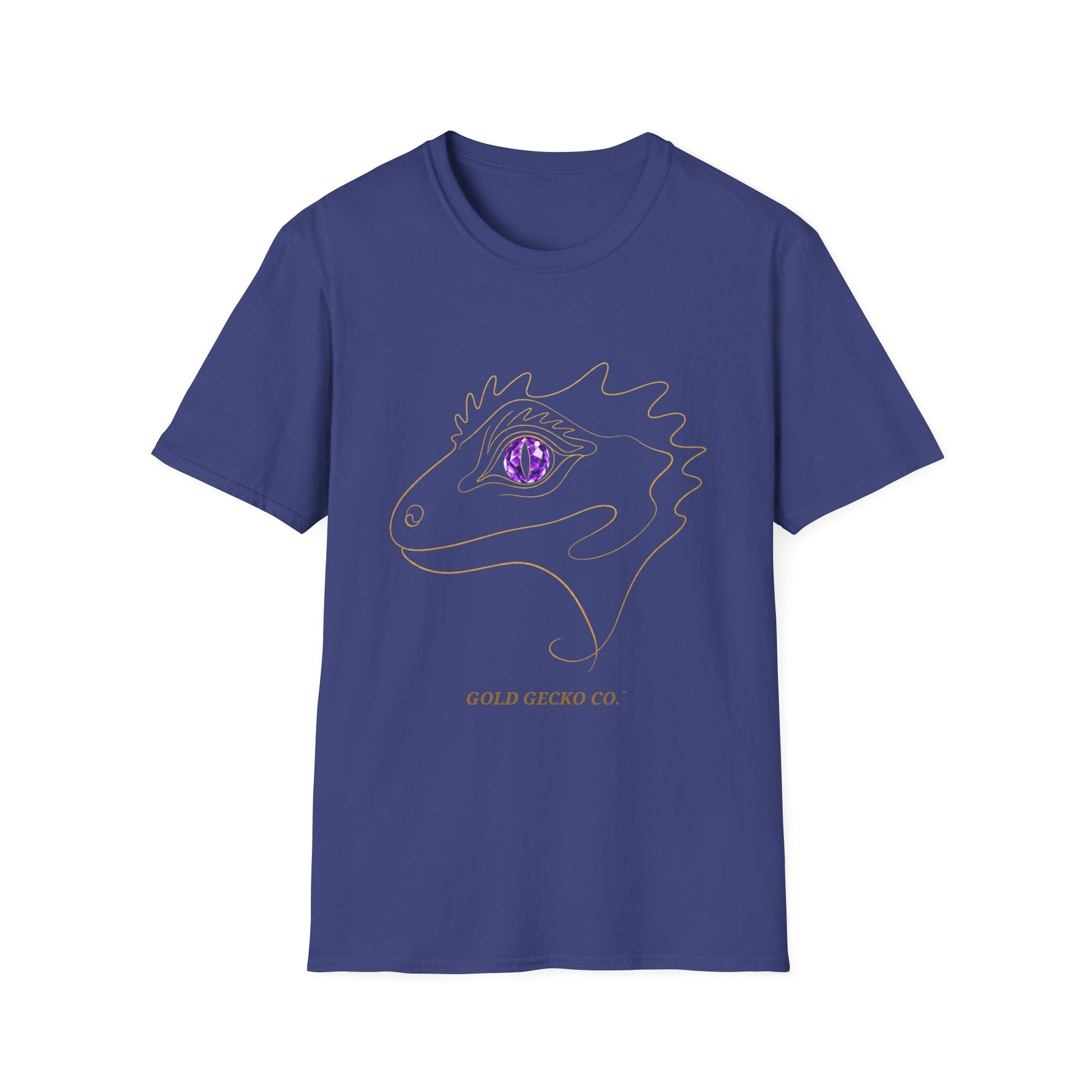 Amethyst Crested Gecko single-line art with amethyst purple gem eye — Gold Gecko Co. Line & Gold collection (Dark)