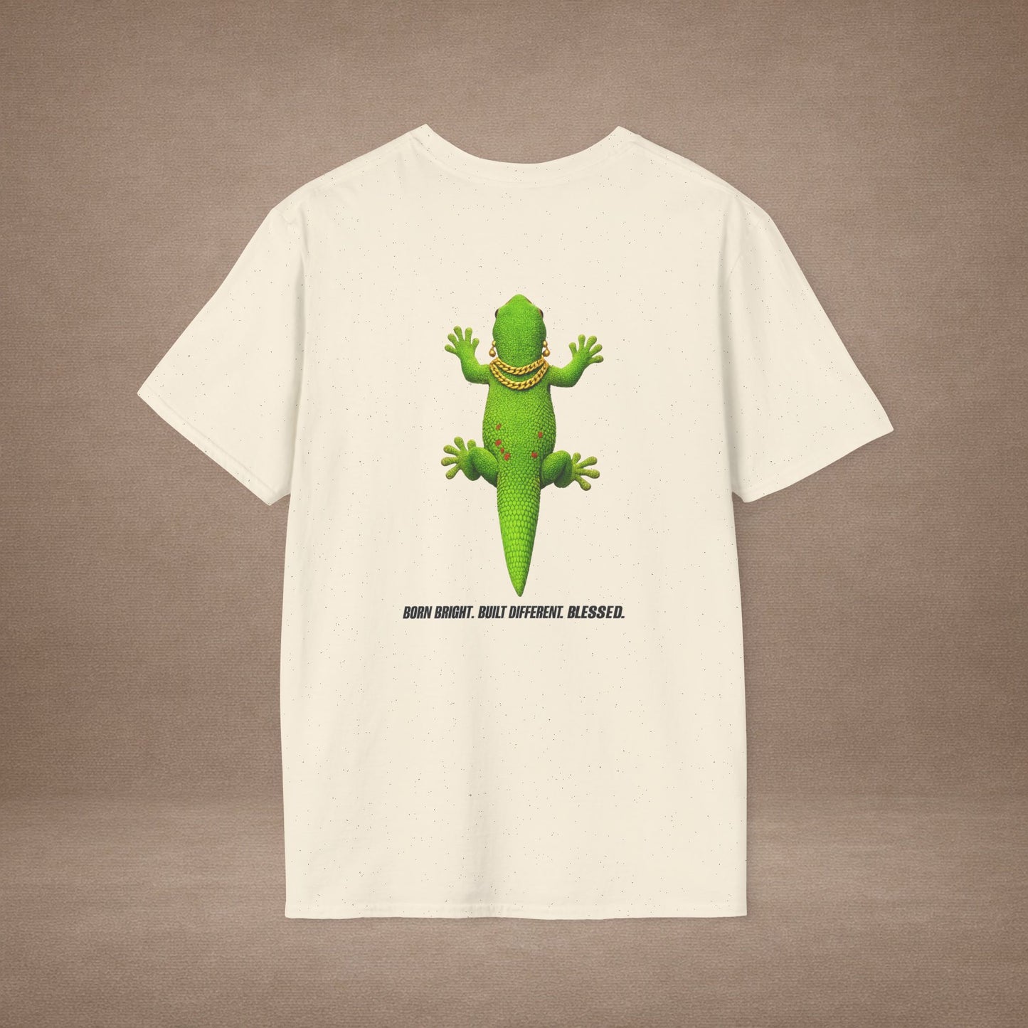 DESIGN #2-1 Royalty Clings Differently — Day Gecko Tee - (Black Letters)