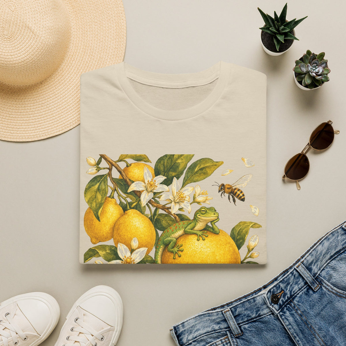 Citrus Grove Gecko cottagecore watercolor T-shirt from Gold Gecko Co. — gecko in a sunlit Mediterranean citrus grove of lemons and oranges.
