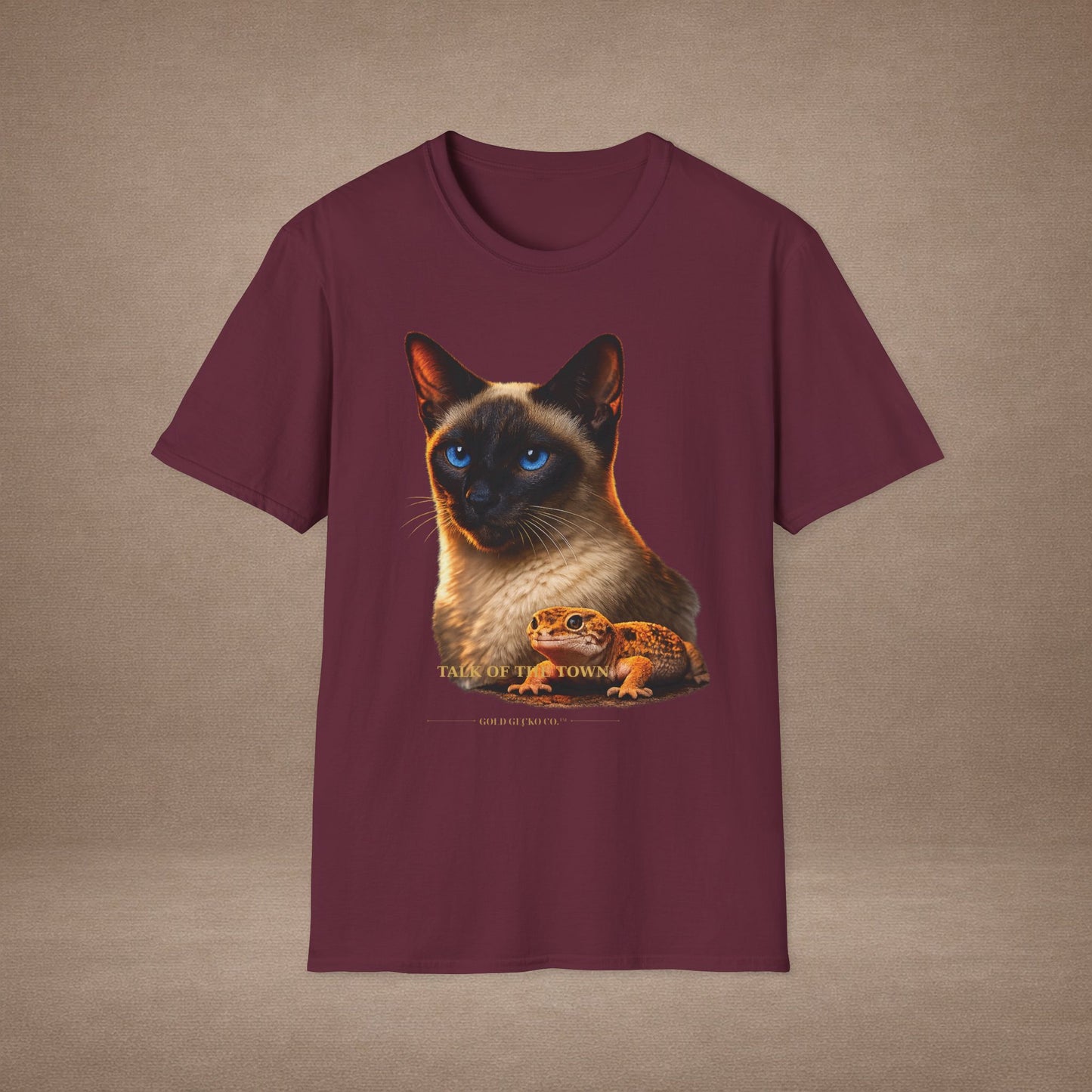 Siamese — Talk Of The Town — photoreal cat breed portraits paired with tiny gecko compani. Gold Gecko Co. Cats & Geckos collection.