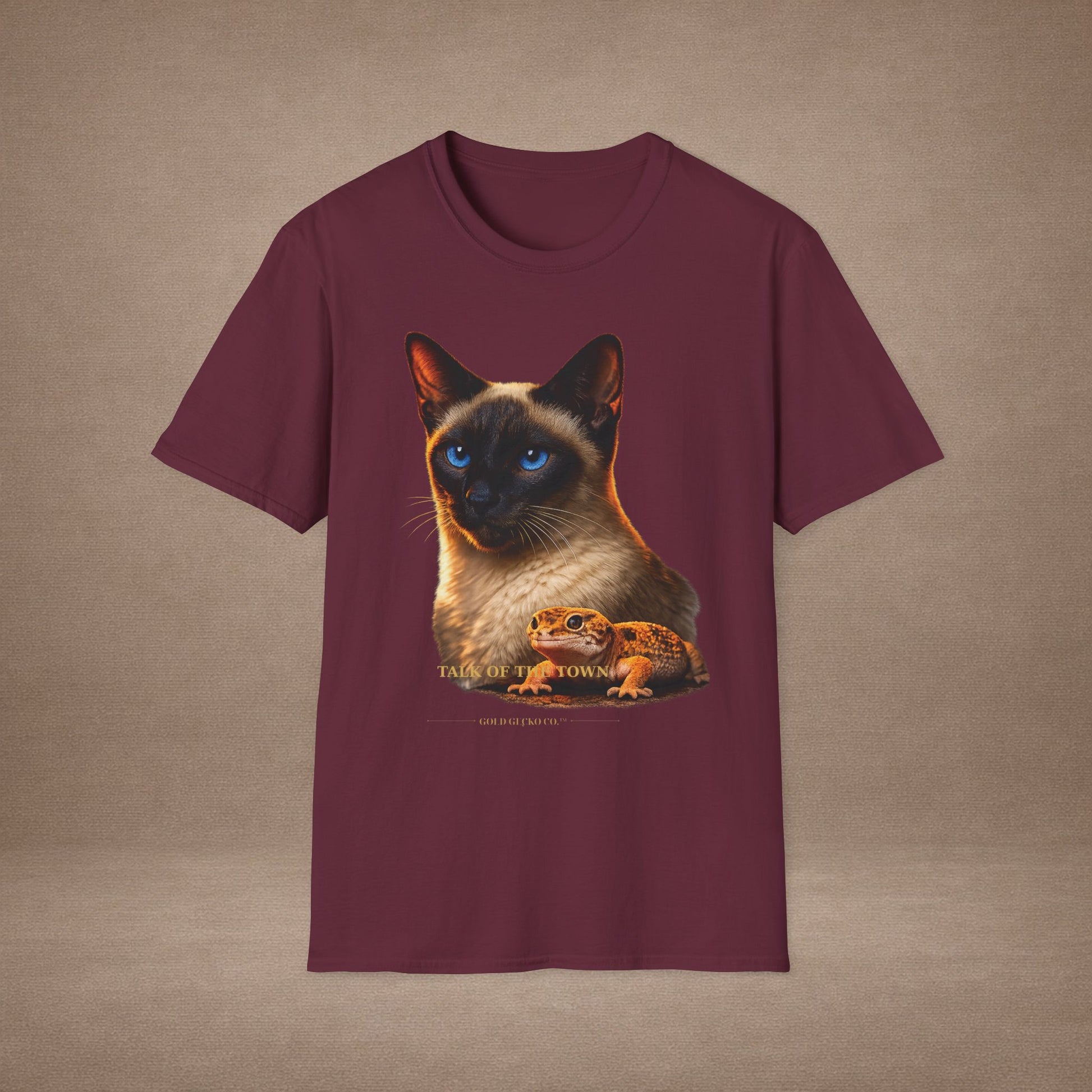 Siamese — Talk Of The Town — photoreal cat breed portraits paired with tiny gecko compani. Gold Gecko Co. Cats & Geckos collection.